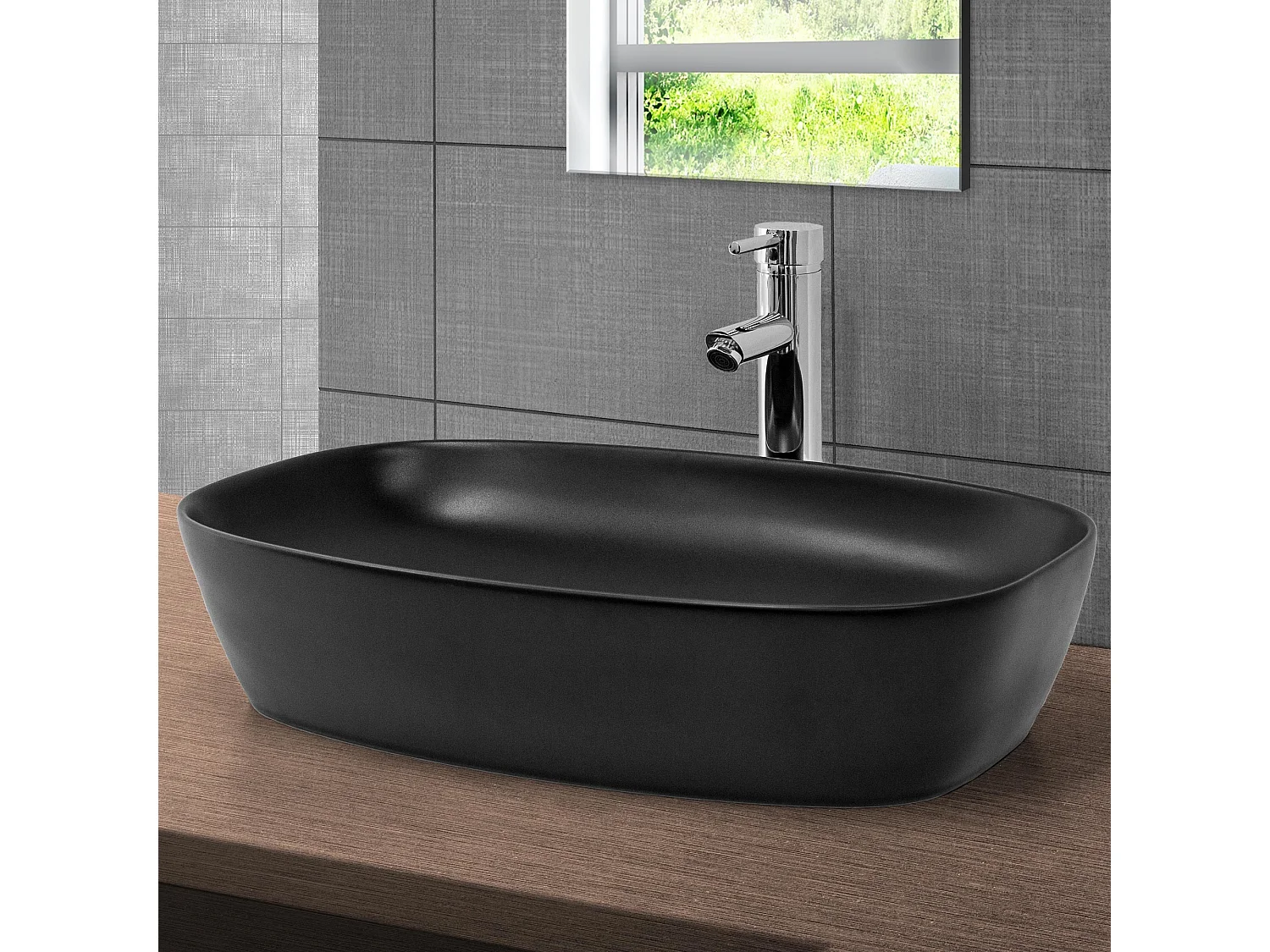 Lavabo en céramique noir mat vasque à poser pour salle de bain 605x385x140 mm