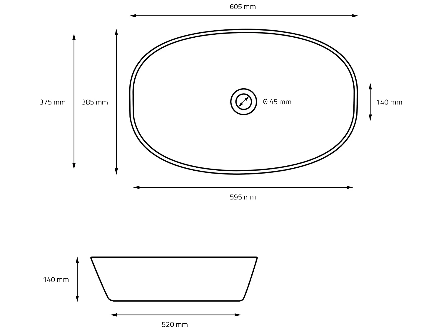 Lavabo en céramique noir mat vasque à poser pour salle de bain 605x385x140 mm