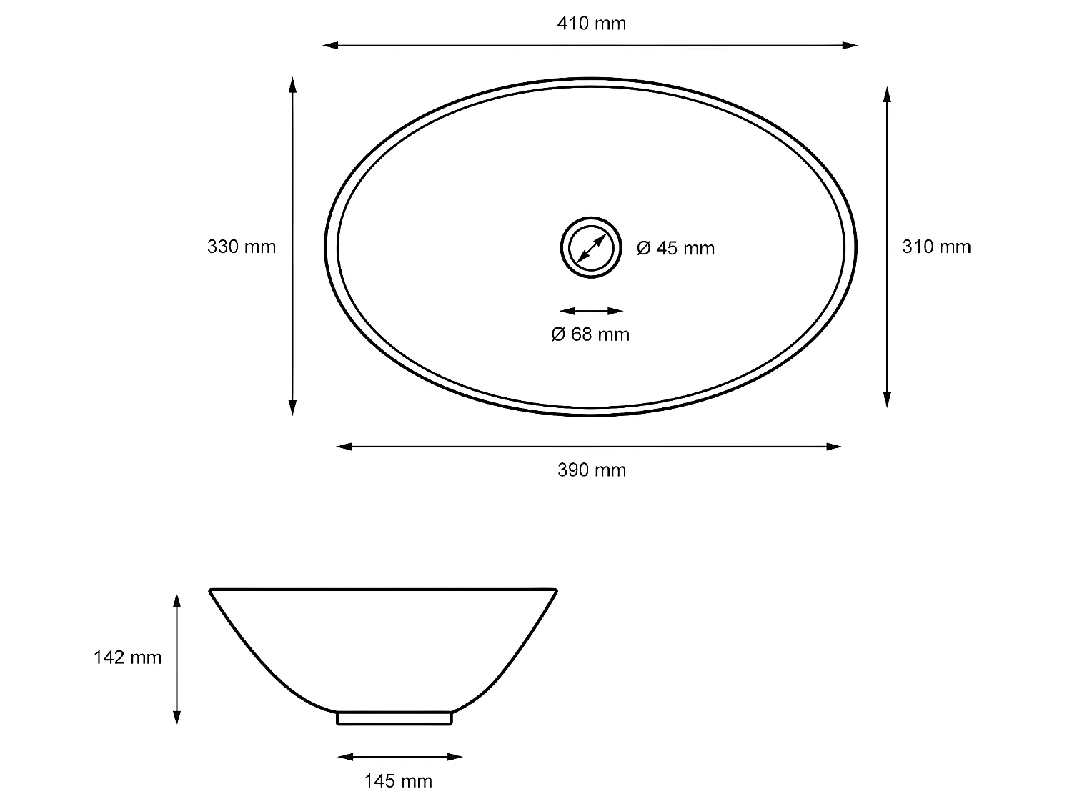 Fregadero de cerámica blanco con desagüe para baño 410x330x142 mm ECD Germany