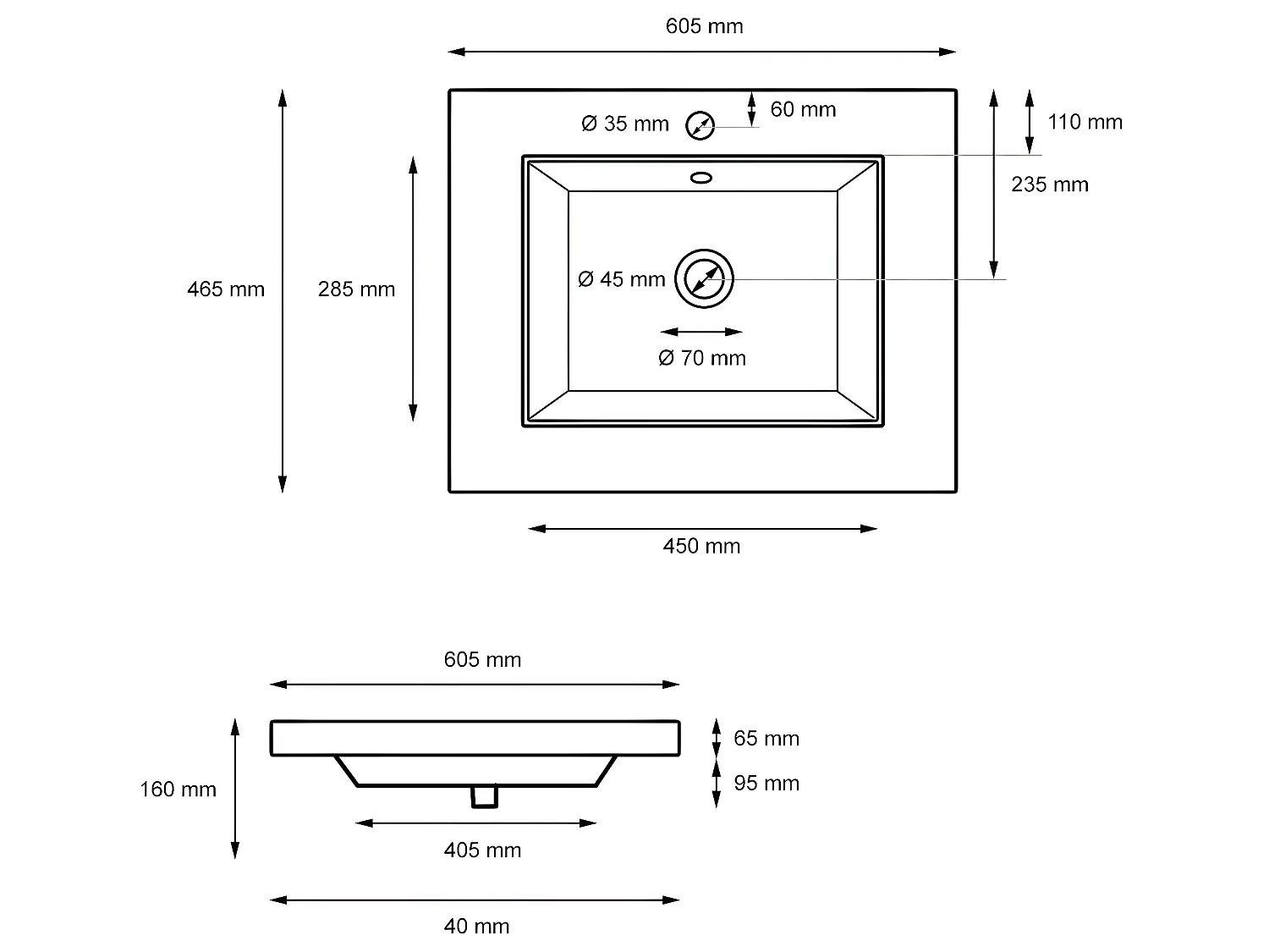 Vasque en céramique blanc avec bonde de vidage pour salle de bain 605x465x160 mm