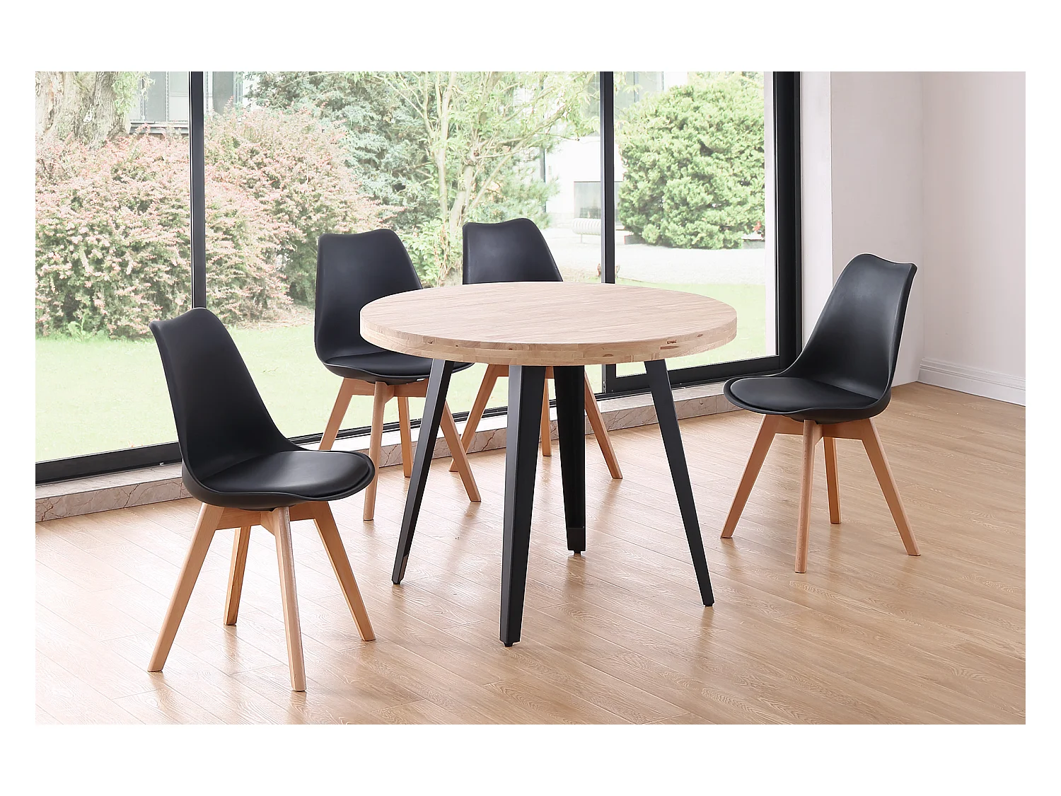 Table à manger ronde en bois coloris chêne nordique pieds noir - diamètre 100 x hauteur 76 cm