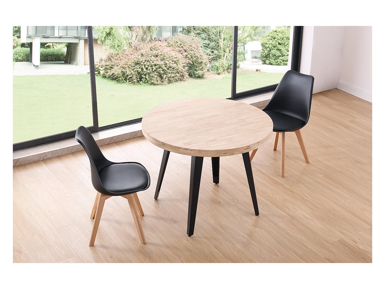 Table à manger ronde en bois coloris chêne nordique pieds noir - diamètre 100 x hauteur 76 cm