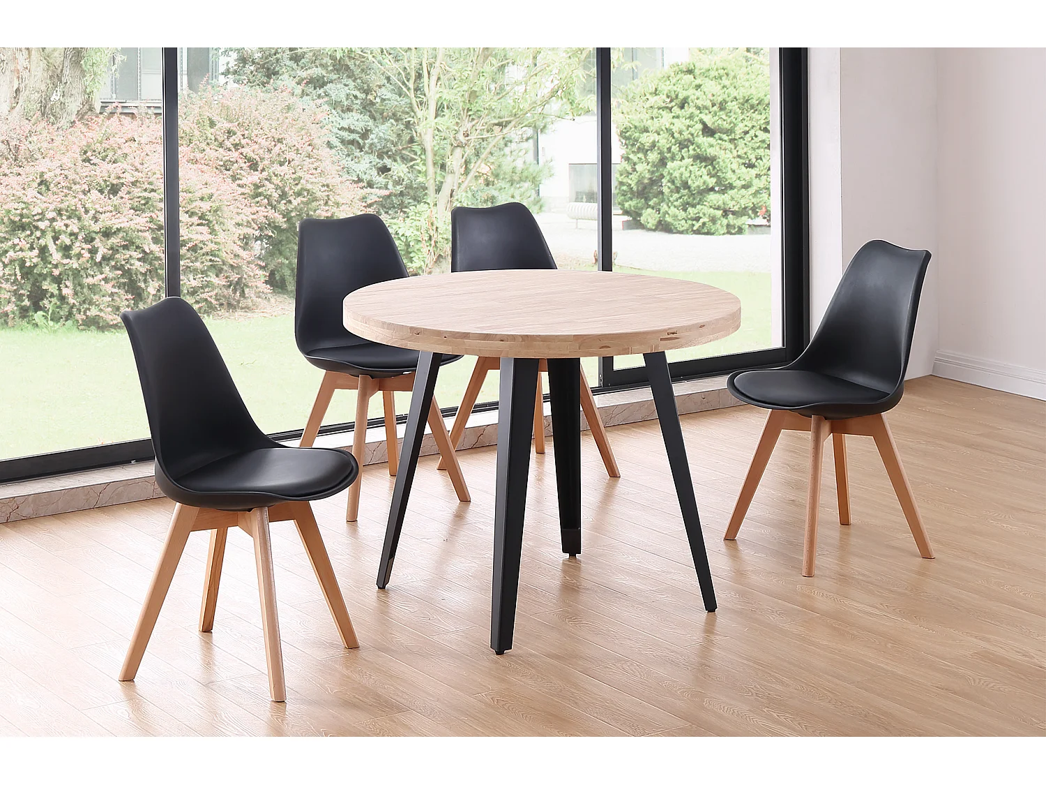 Table à manger ronde en bois coloris chêne nordique pieds noir - diamètre 100 x hauteur 76 cm