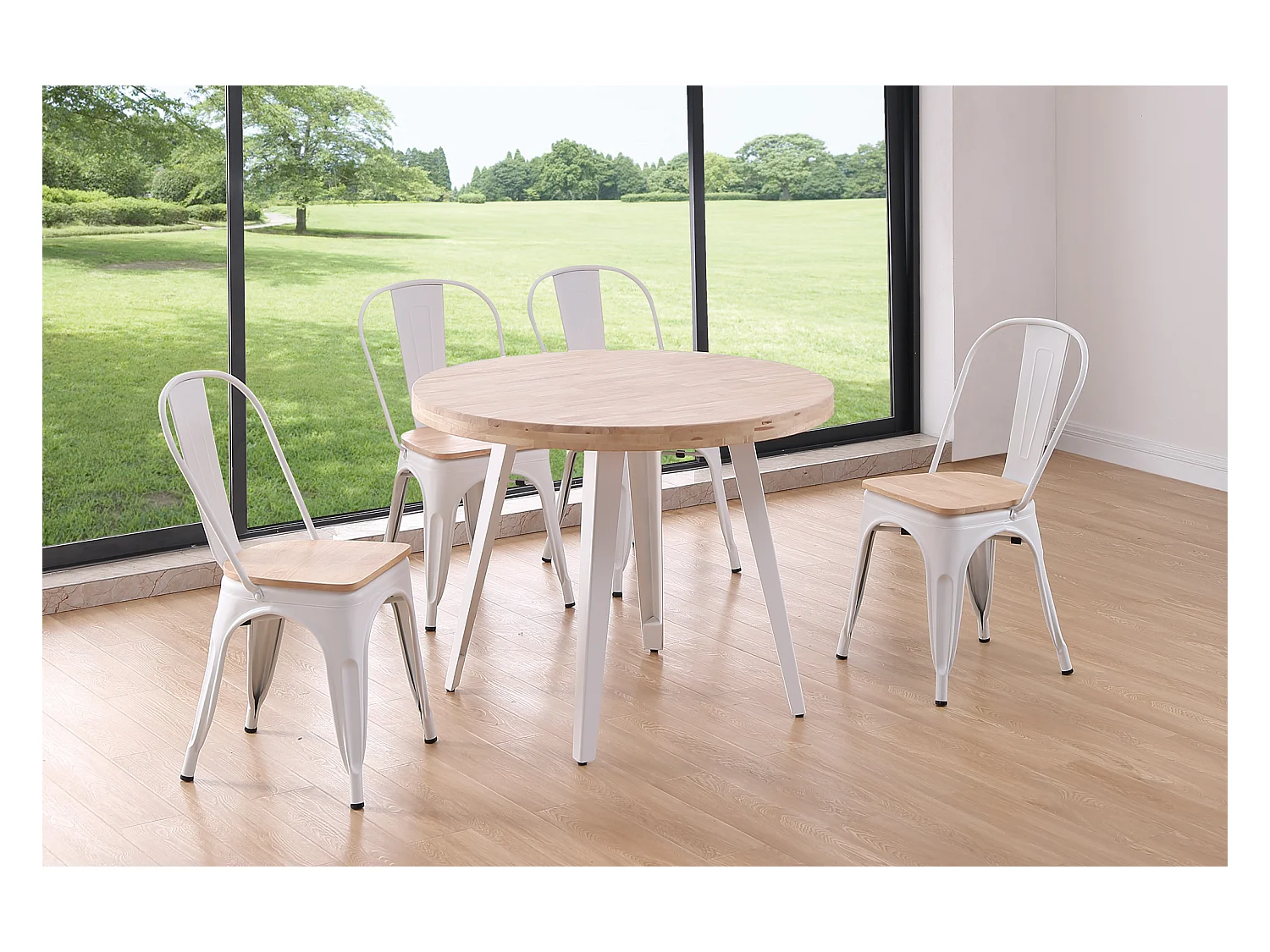 Table à manger ronde en bois coloris chêne nordique pieds blanc - diamètre 100 x hauteur 76 cm