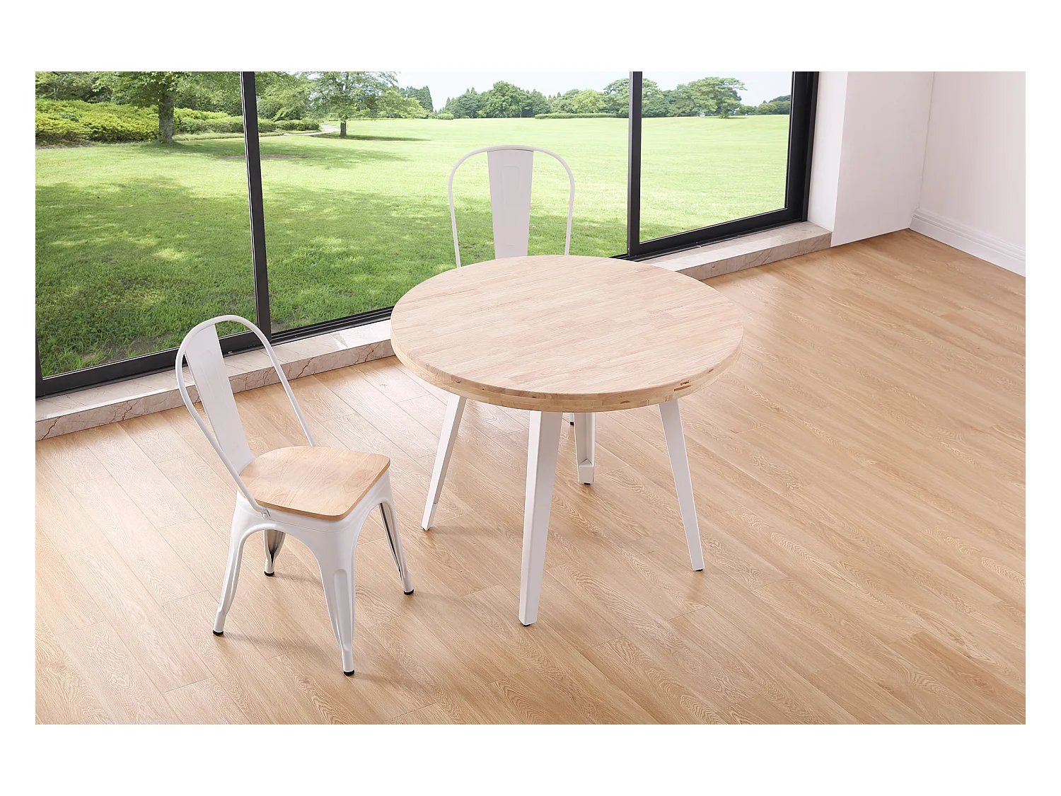 Table à manger ronde en bois coloris chêne nordique pieds blanc - diamètre 100 x hauteur 76 cm
