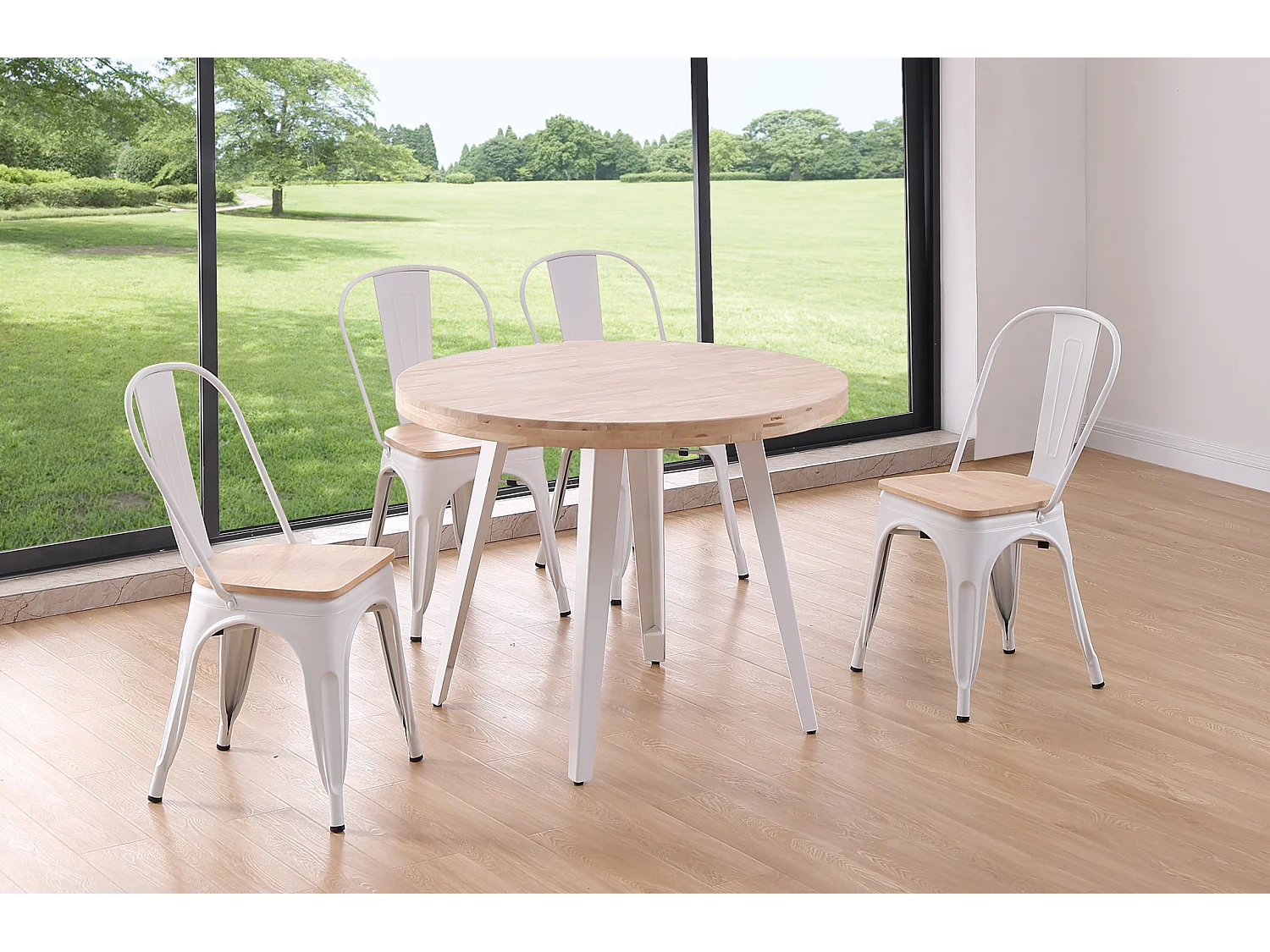 Table à manger ronde en bois coloris chêne nordique pieds blanc - diamètre 100 x hauteur 76 cm