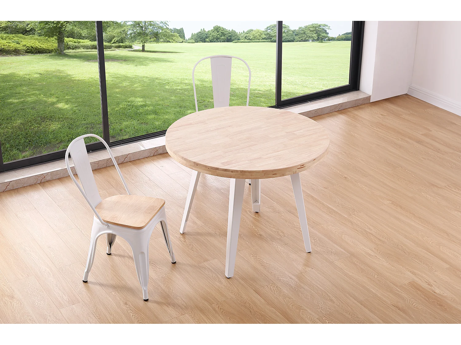 Table à manger ronde en bois coloris chêne nordique pieds blanc - diamètre 100 x hauteur 76 cm