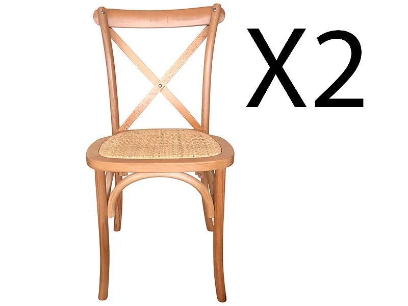Lot de 2 chaises de salle à manger en bois et rotin coloris naturel - longueur 48 x profondeur 52 x hauteur 89 cm