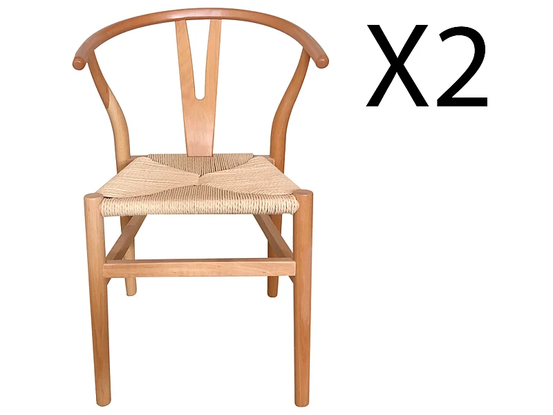 Lot de 2 chaises de salle à manger en bois massif coloris naturel corde - longueur 56 x profondeur 52 x hauteur 76 cm