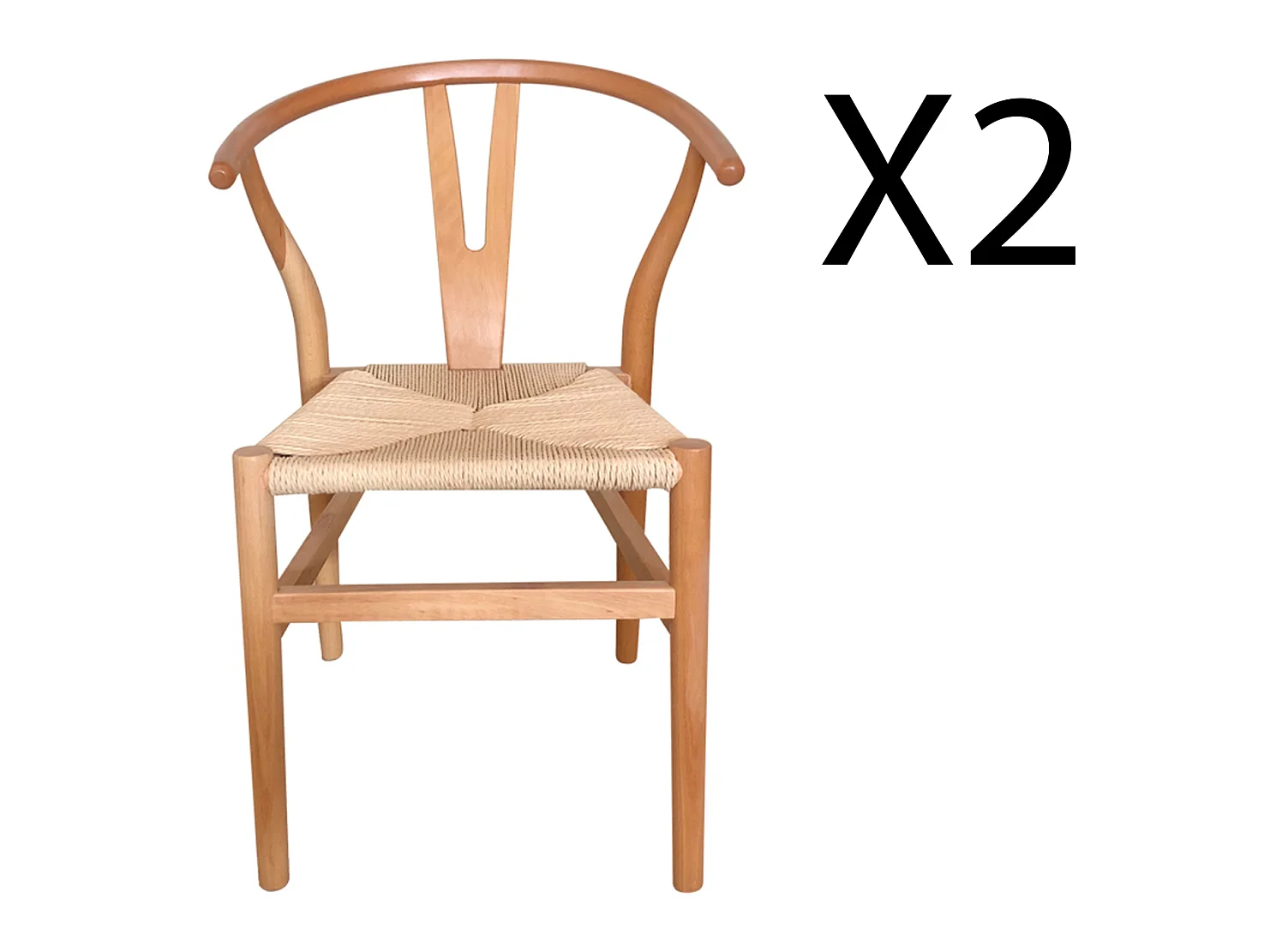 Lot de 2 chaises de salle à manger en bois massif coloris naturel corde - longueur 56 x profondeur 52 x hauteur 76 cm