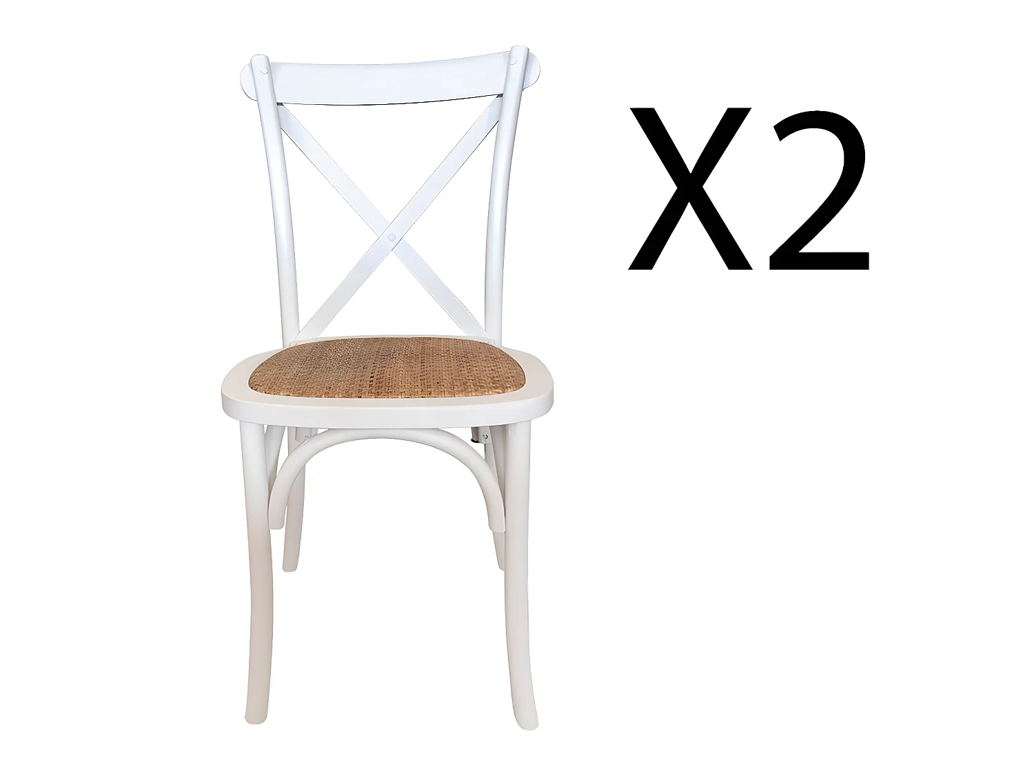 Lot de 2 chaises de salle à manger en bois blanc et rotin naturel - longueur 48 x profondeur 52 x hauteur 89 cm