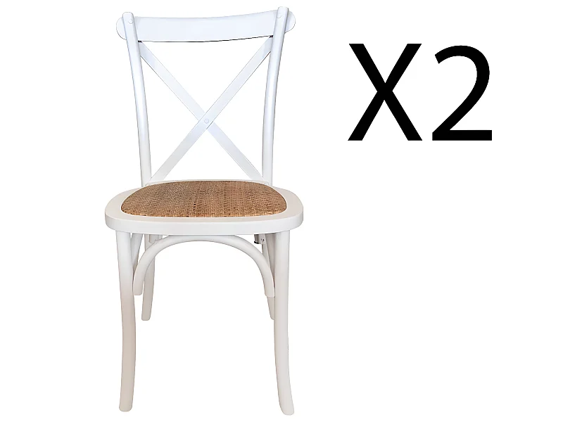 Lot de 2 chaises de salle à manger en bois blanc et rotin naturel - longueur 48 x profondeur 52 x hauteur 89 cm