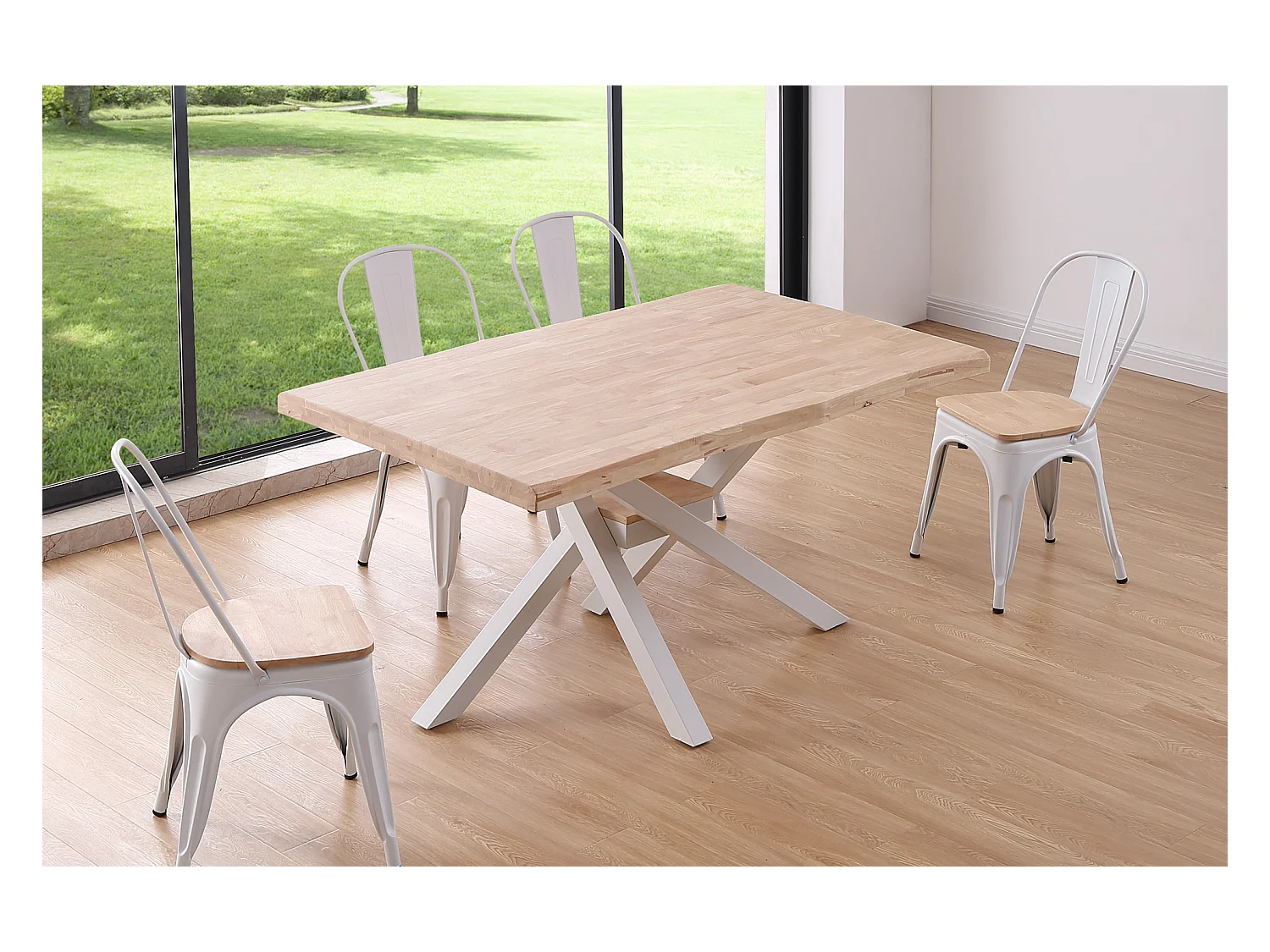 Table à manger rectangulaire en bois coloris chêne nordique pieds blanc - Longueur 150 x profondeur 90 x hauteur 76 cm