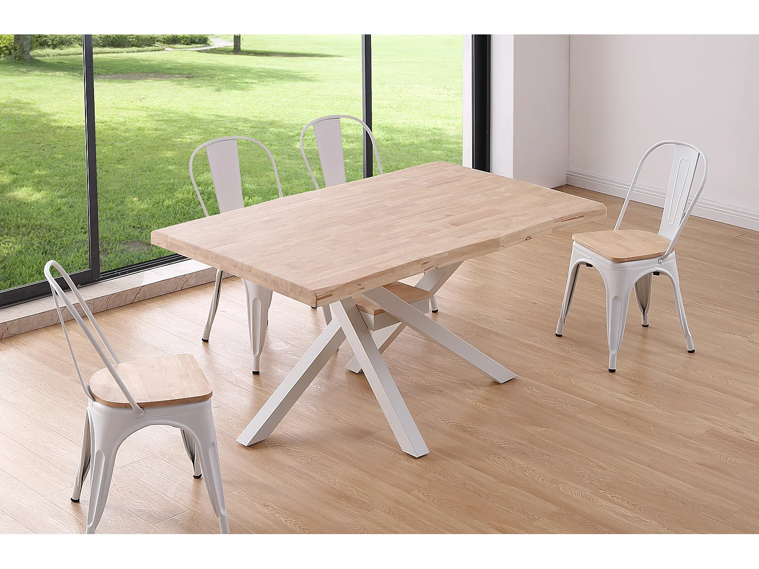 Table à manger rectangulaire en bois coloris chêne nordique pieds blanc - Longueur 150 x profondeur 90 x hauteur 76 cm