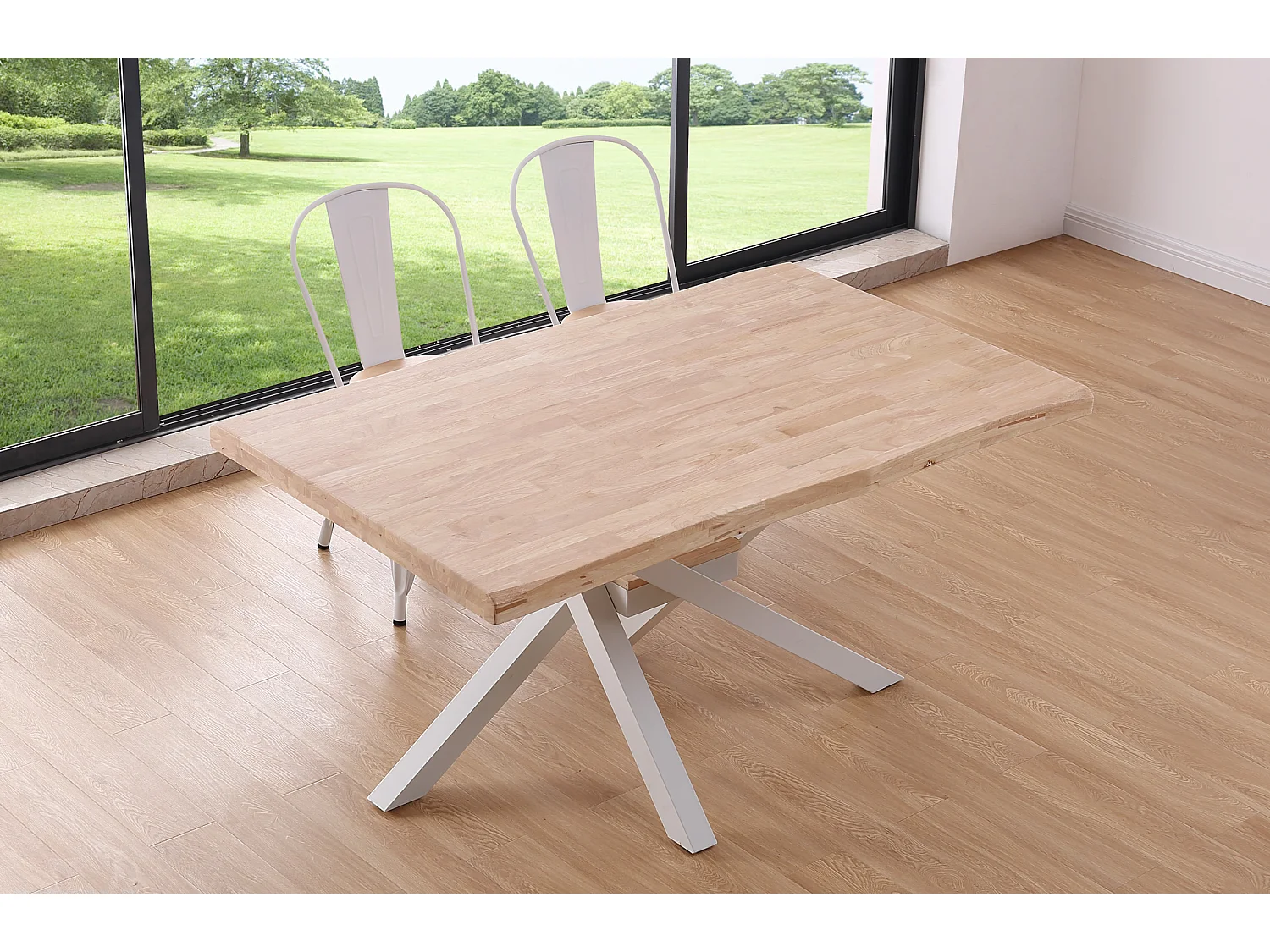 Table à manger rectangulaire en bois coloris chêne nordique pieds blanc - Longueur 150 x profondeur 90 x hauteur 76 cm