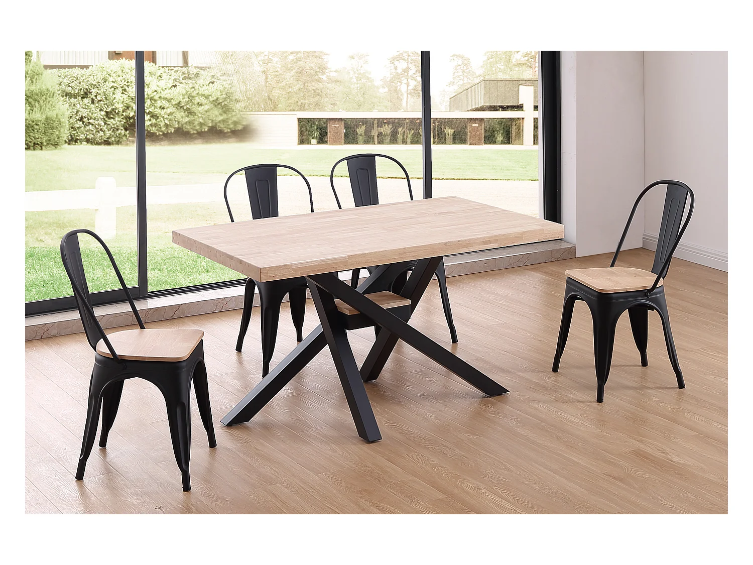 Table à manger rectangulaire en bois coloris chêne nordique pieds noir - Longueur 140 x profondeur 80 x hauteur 76 cm