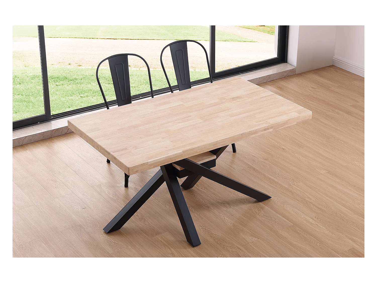 Table à manger rectangulaire en bois coloris chêne nordique pieds noir - Longueur 140 x profondeur 80 x hauteur 76 cm