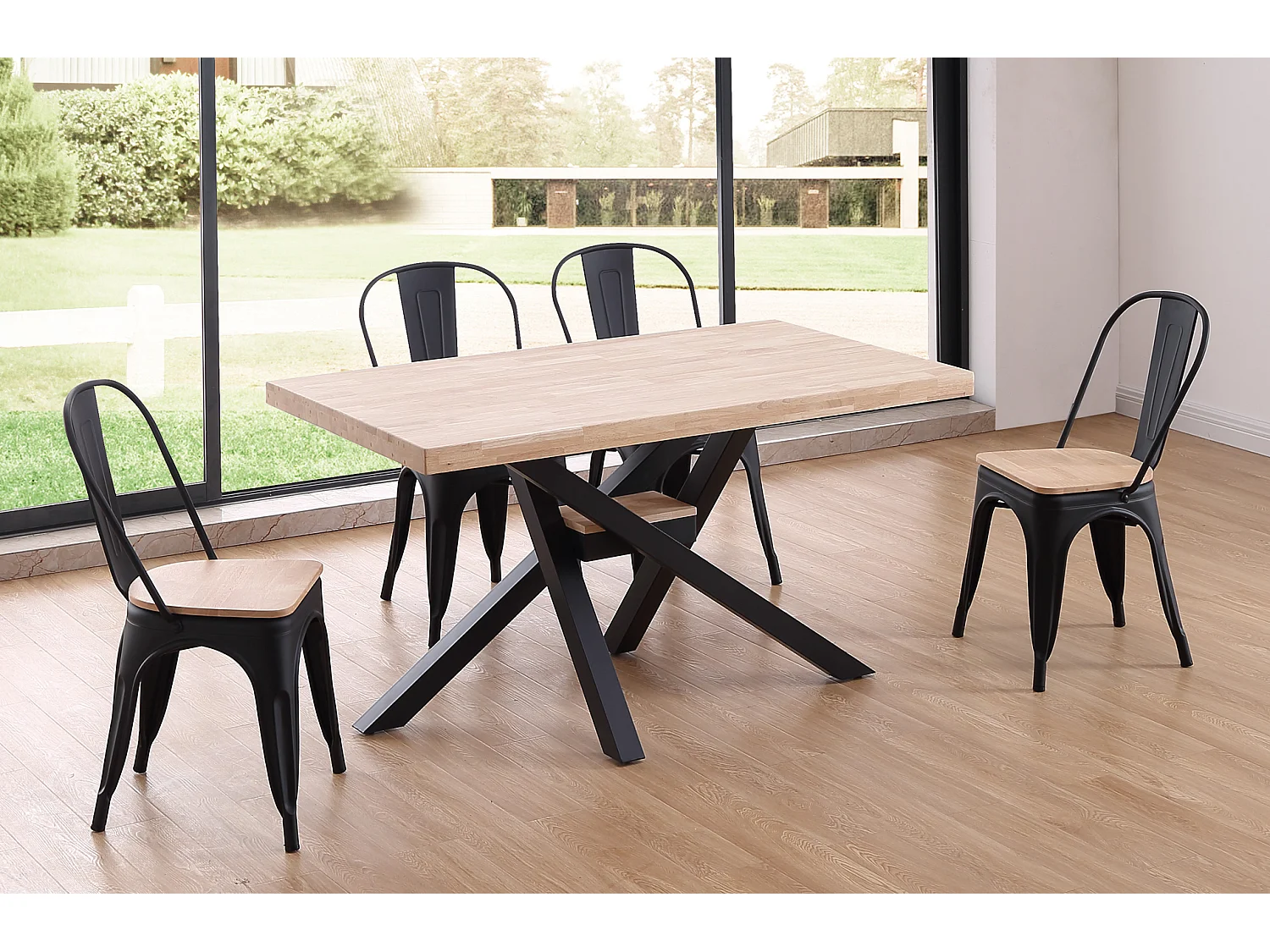Table à manger rectangulaire en bois coloris chêne nordique pieds noir - Longueur 140 x profondeur 80 x hauteur 76 cm