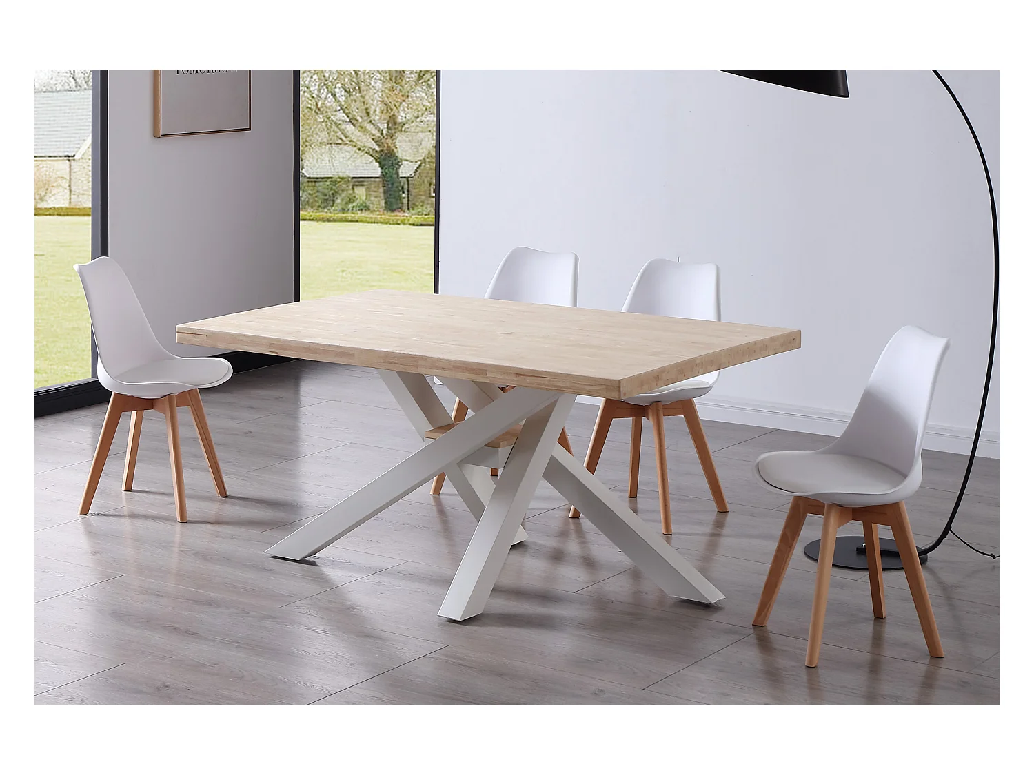 Table à manger rectangulaire en bois coloris chêne nordique pieds blanc - Longueur 160 x profondeur 100 x hauteur 76 cm
