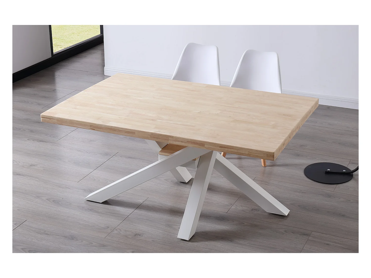 Table à manger rectangulaire en bois coloris chêne nordique pieds blanc - Longueur 160 x profondeur 100 x hauteur 76 cm