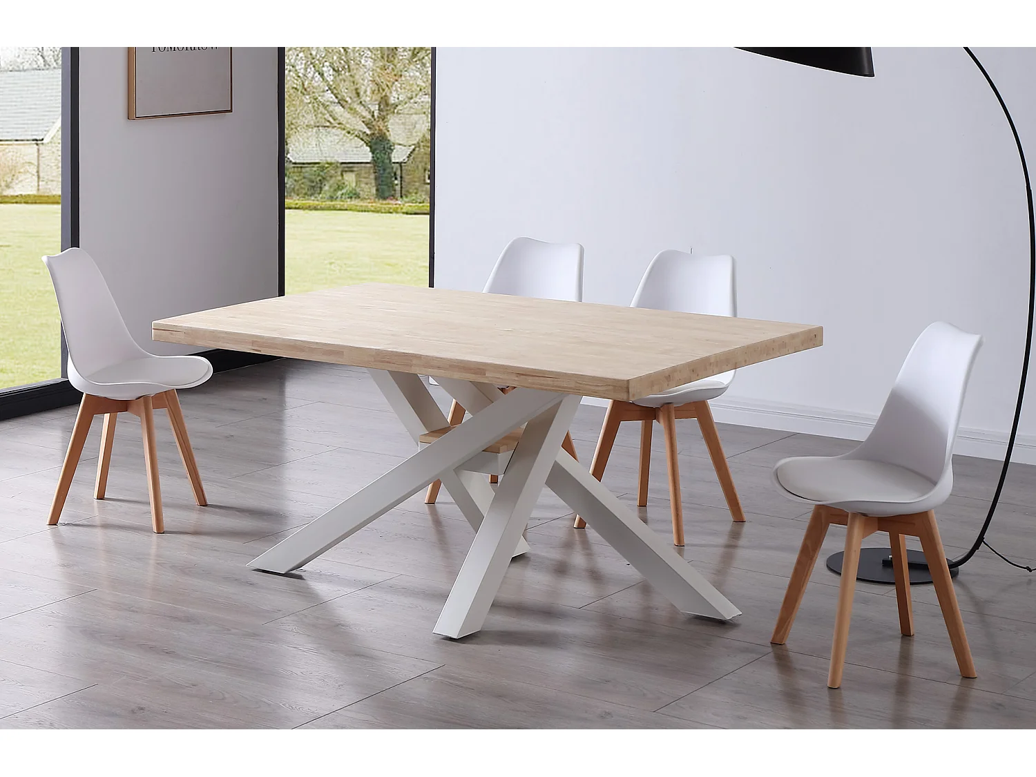 Table à manger rectangulaire en bois coloris chêne nordique pieds blanc - Longueur 160 x profondeur 100 x hauteur 76 cm