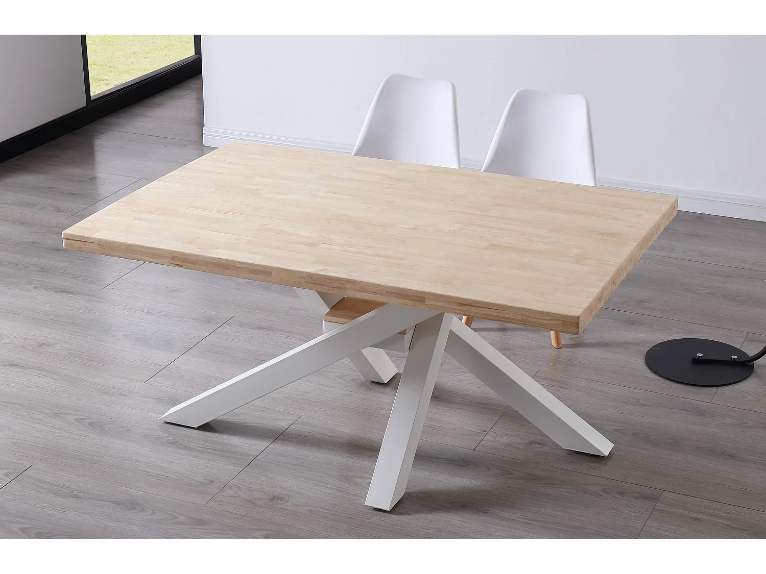 Table à manger rectangulaire en bois coloris chêne nordique pieds blanc - Longueur 160 x profondeur 100 x hauteur 76 cm