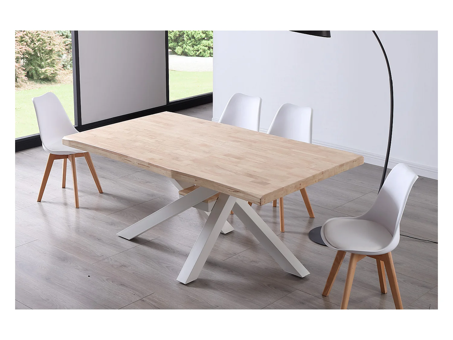 Table à manger rectangulaire en bois coloris chêne nordique pieds blanc - Longueur 180 x profondeur 100 x hauteur 76 cm