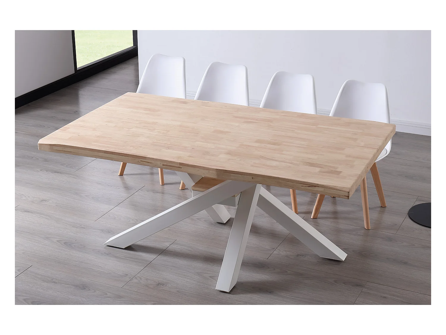 Table à manger rectangulaire en bois coloris chêne nordique pieds blanc - Longueur 180 x profondeur 100 x hauteur 76 cm