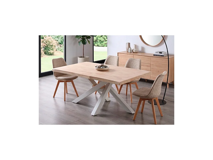 Table à manger rectangulaire en bois coloris chêne nordique / pieds blanc - Longueur 180 x profondeur 100 x hauteur 76 cm
