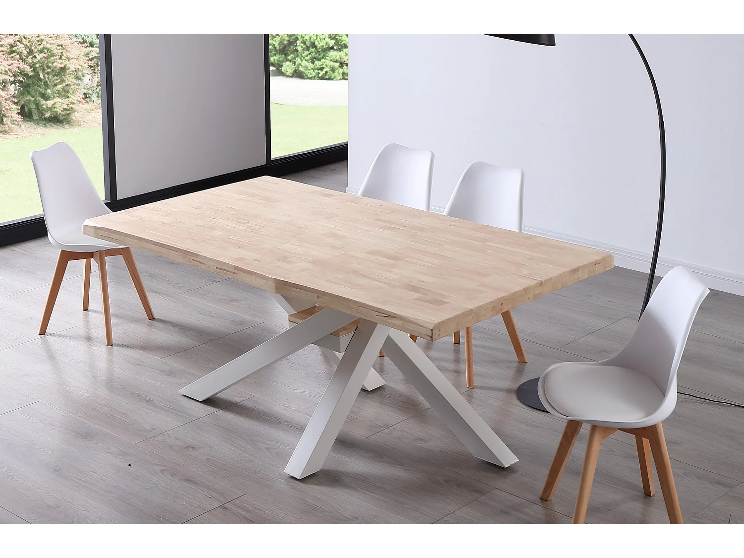 Table à manger rectangulaire en bois coloris chêne nordique pieds blanc - Longueur 180 x profondeur 100 x hauteur 76 cm