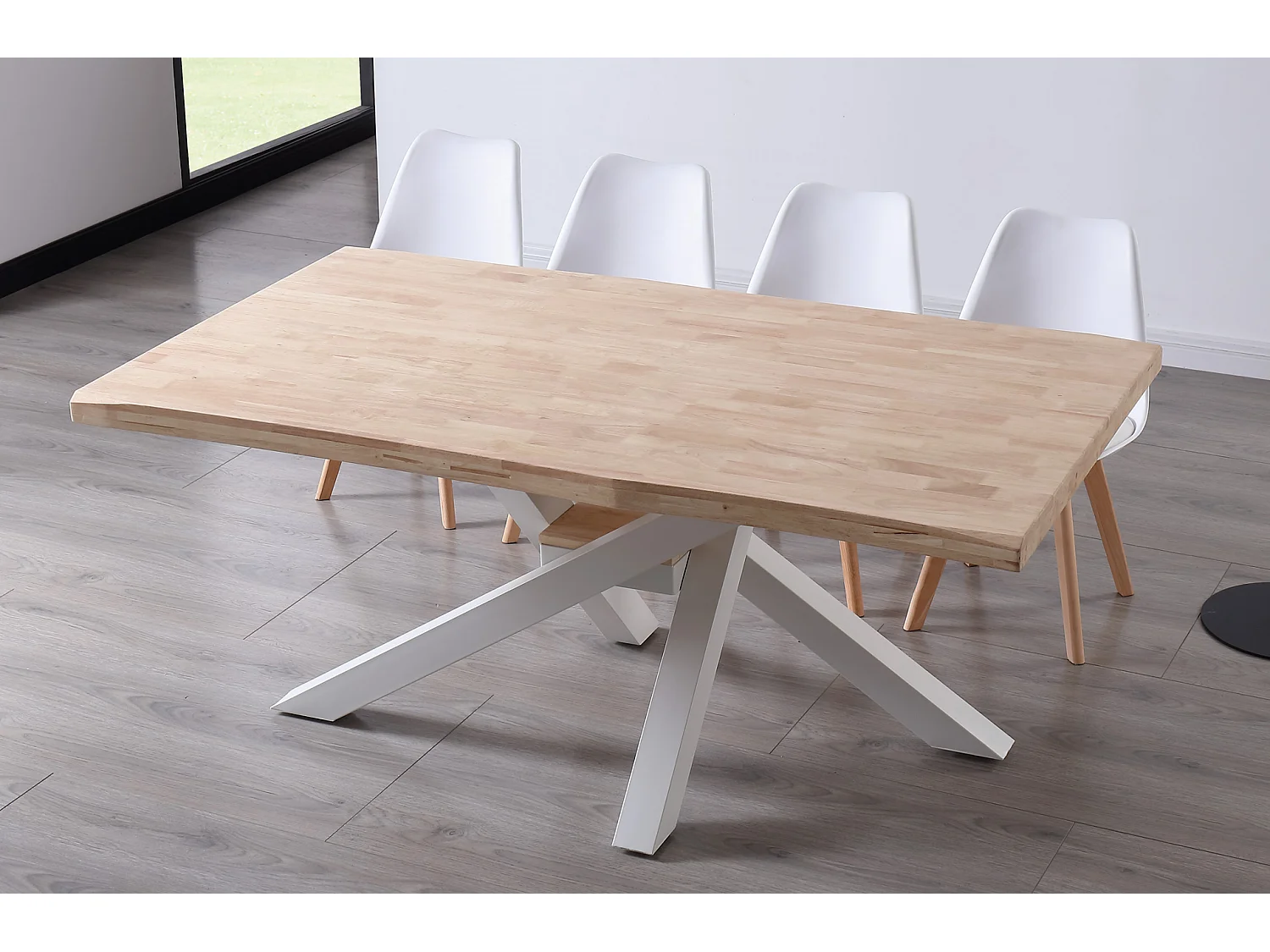 Table à manger rectangulaire en bois coloris chêne nordique pieds blanc - Longueur 180 x profondeur 100 x hauteur 76 cm