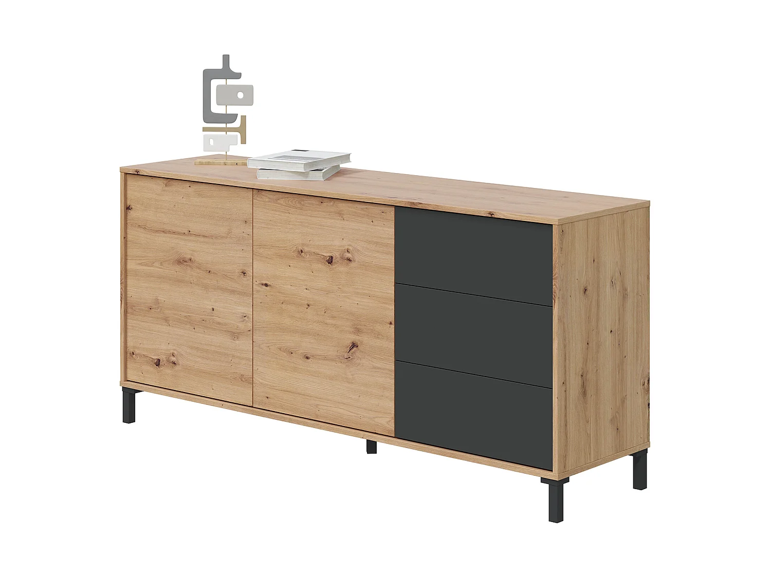 Buffet meuble de rangement en mélamine coloris Chêne gris anthracite - Hauteur 74 x Longueur 154 x Profondeur 41 cm