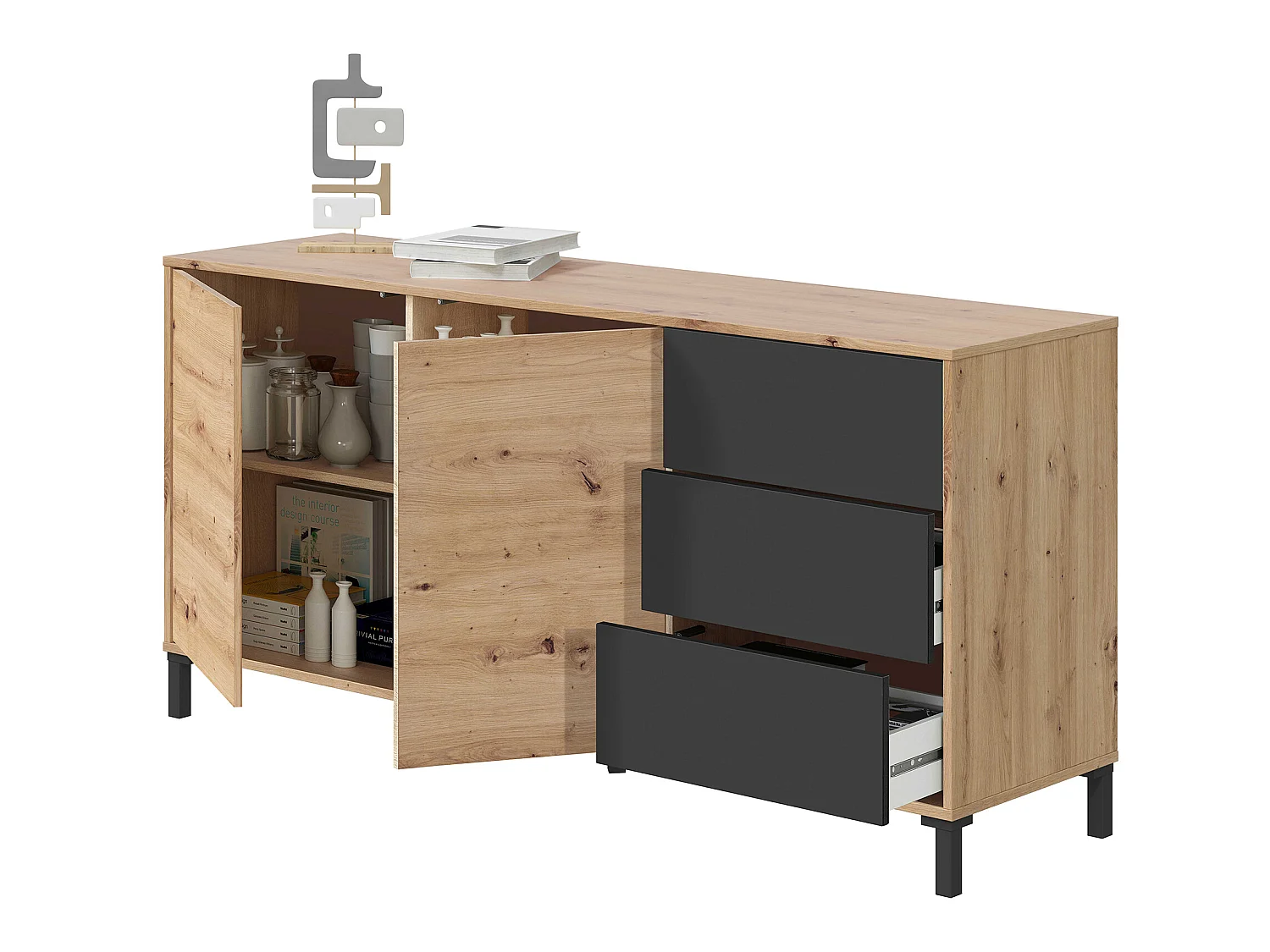 Buffet meuble de rangement en mélamine coloris Chêne gris anthracite - Hauteur 74 x Longueur 154 x Profondeur 41 cm