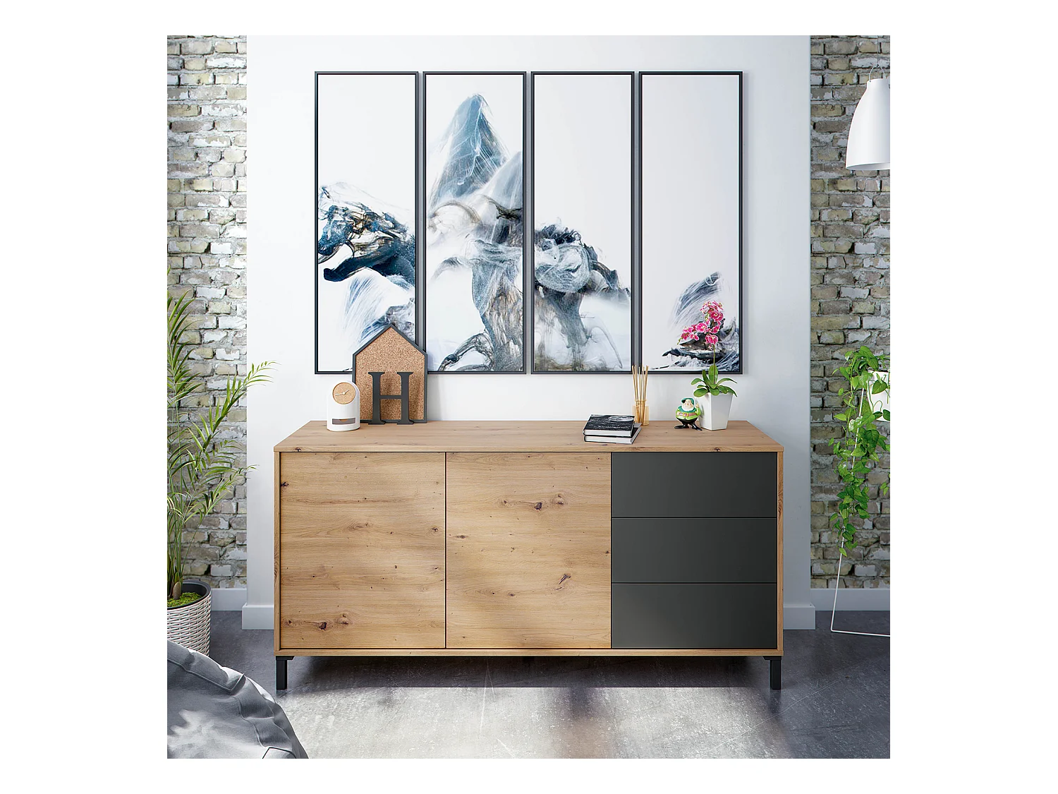 Buffet meuble de rangement en mélamine coloris Chêne gris anthracite - Hauteur 74 x Longueur 154 x Profondeur 41 cm