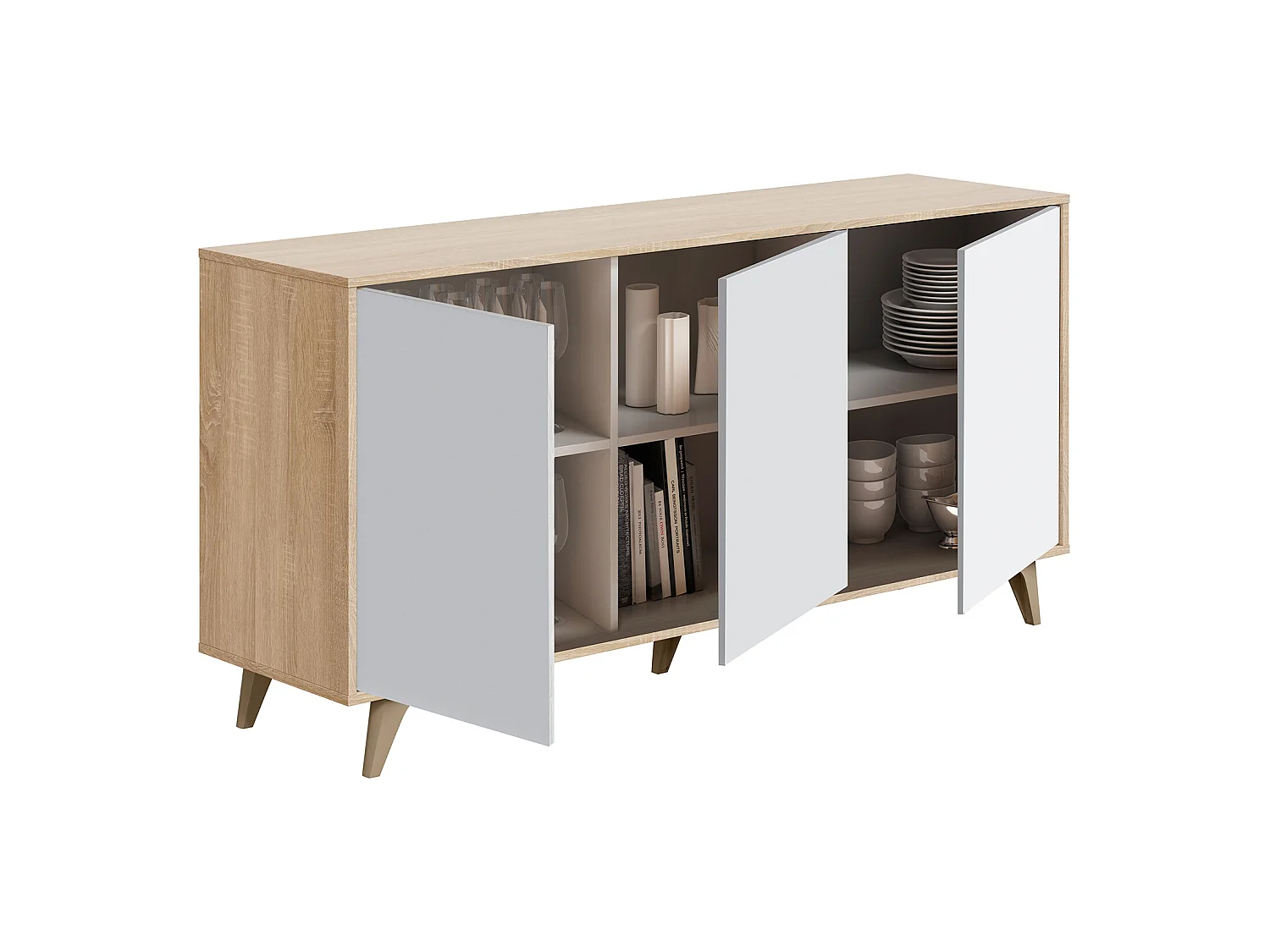 Buffet meuble de rangement en mélamine coloris chêne Canadian blanc artik - Hauteur 75 x Longueur 154 cm x Profondeur 40 cm
