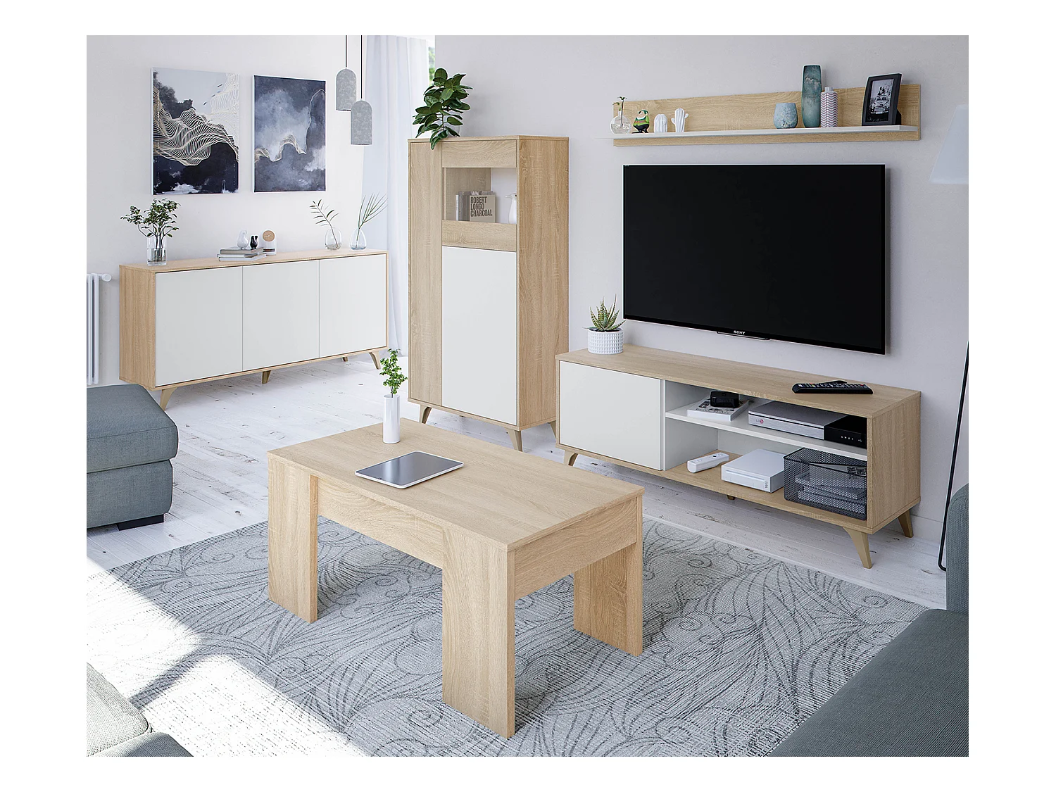 Buffet meuble de rangement en mélamine coloris chêne Canadian blanc artik - Hauteur 75 x Longueur 154 cm x Profondeur 40 cm