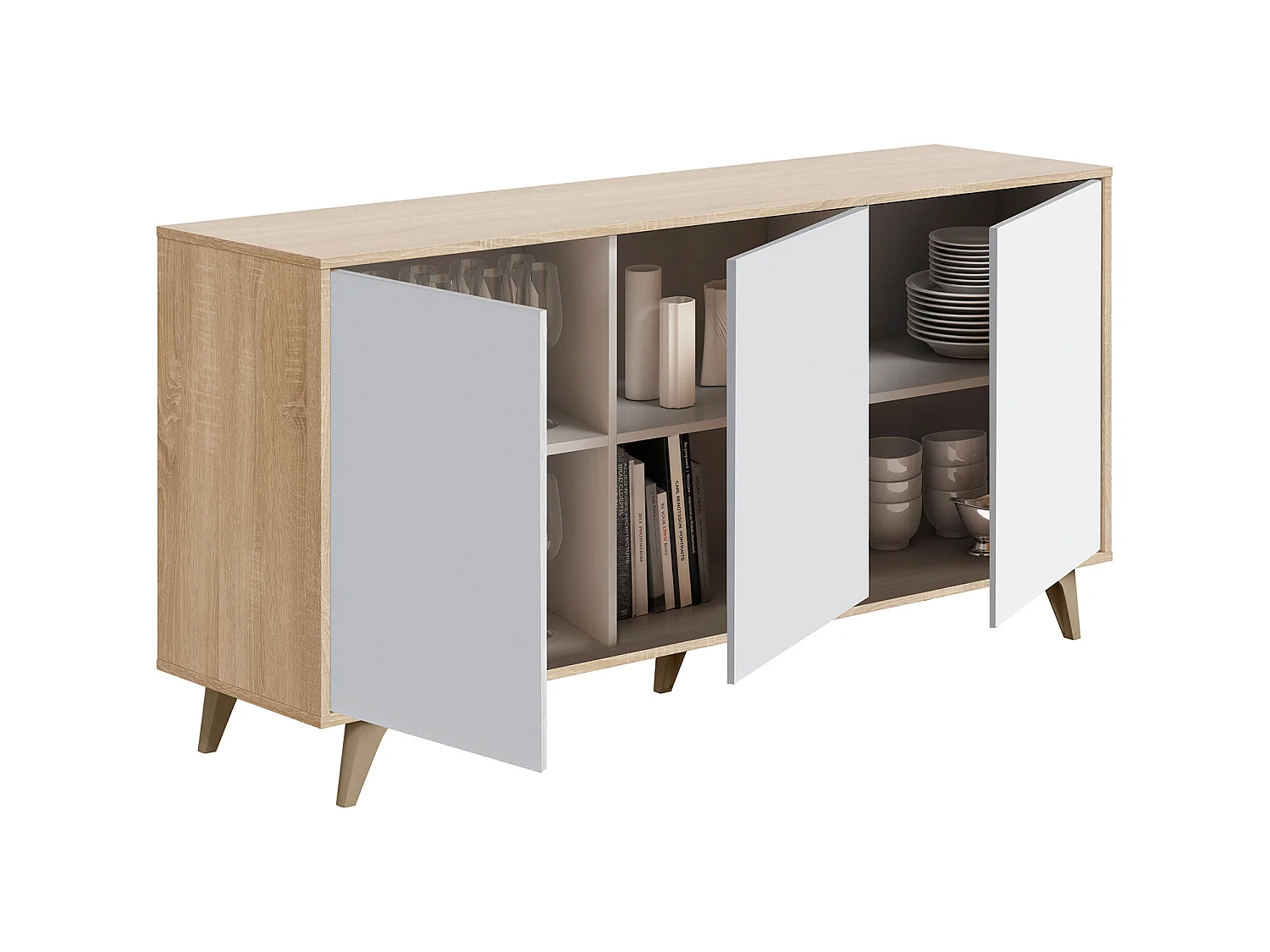 Buffet meuble de rangement en mélamine coloris chêne Canadian blanc artik - Hauteur 75 x Longueur 154 cm x Profondeur 40 cm