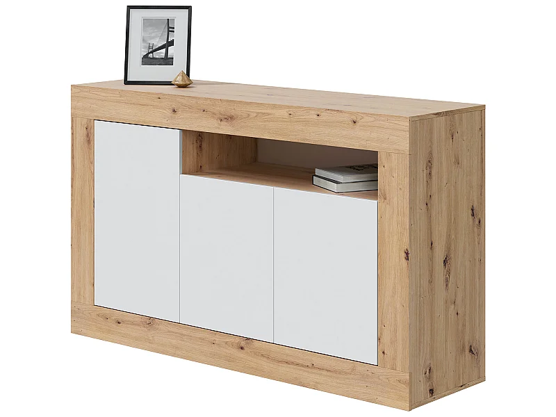 Buffet meuble de rangement en panneau de particules mélaminé coloris blanc mat et chêne - Hauteur 87 x Longueur 144 cm x Profondeur 42 cm