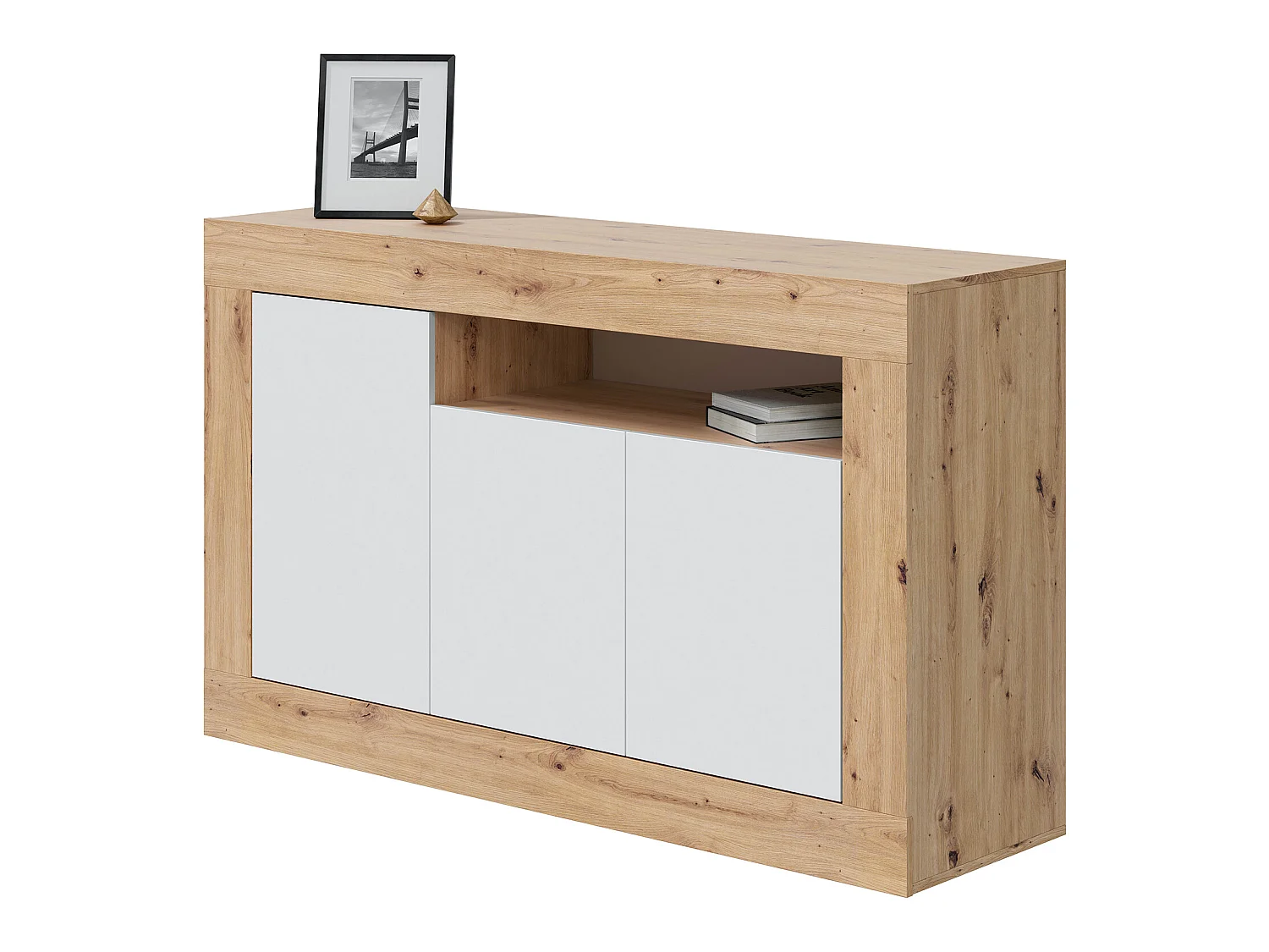 Buffet meuble de rangement en panneau de particules mélaminé coloris blanc mat et chêne - Hauteur 87 x Longueur 144 cm x Profondeur 42 cm