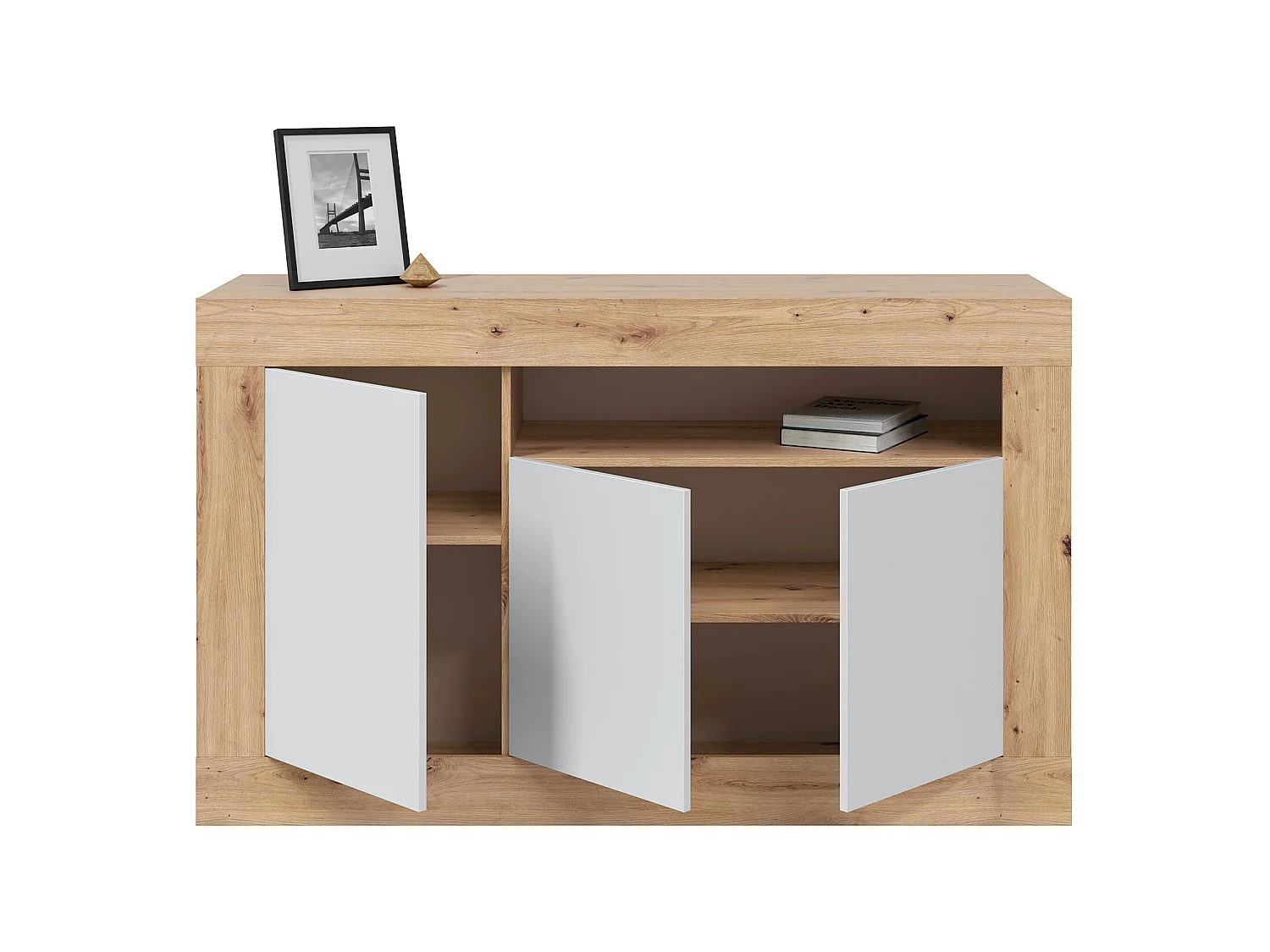 Buffet meuble de rangement en panneau de particules mélaminé coloris blanc mat et chêne - Hauteur 87 x Longueur 144 cm x Profondeur 42 cm