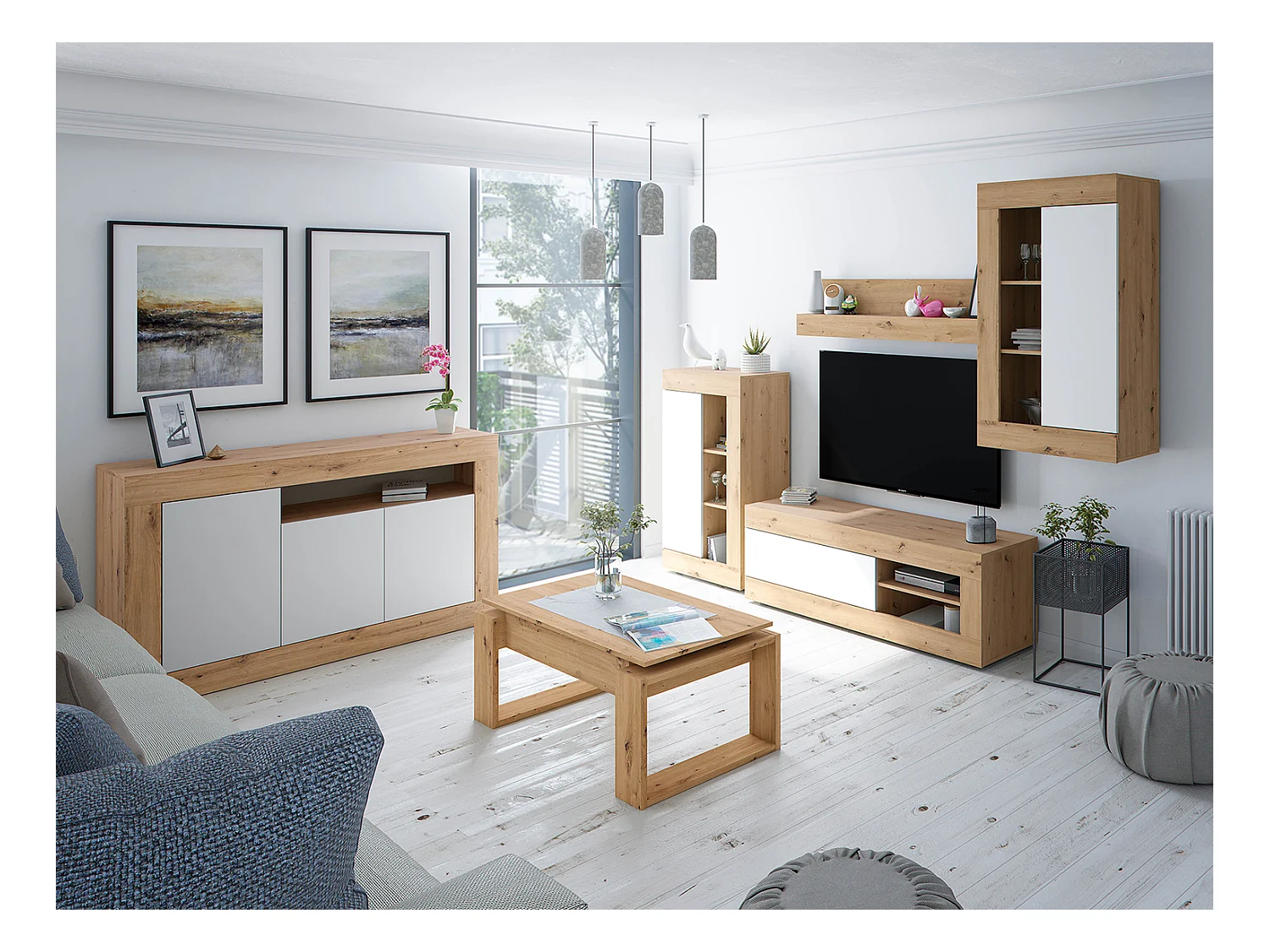 Buffet meuble de rangement en panneau de particules mélaminé coloris blanc mat et chêne - Hauteur 87 x Longueur 144 cm x Profondeur 42 cm