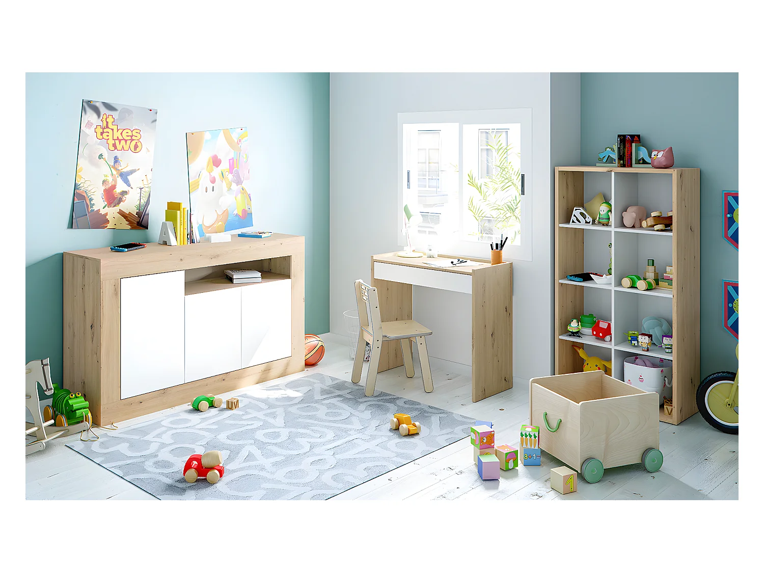 Buffet meuble de rangement en panneau de particules mélaminé coloris blanc mat et chêne - Hauteur 87 x Longueur 144 cm x Profondeur 42 cm