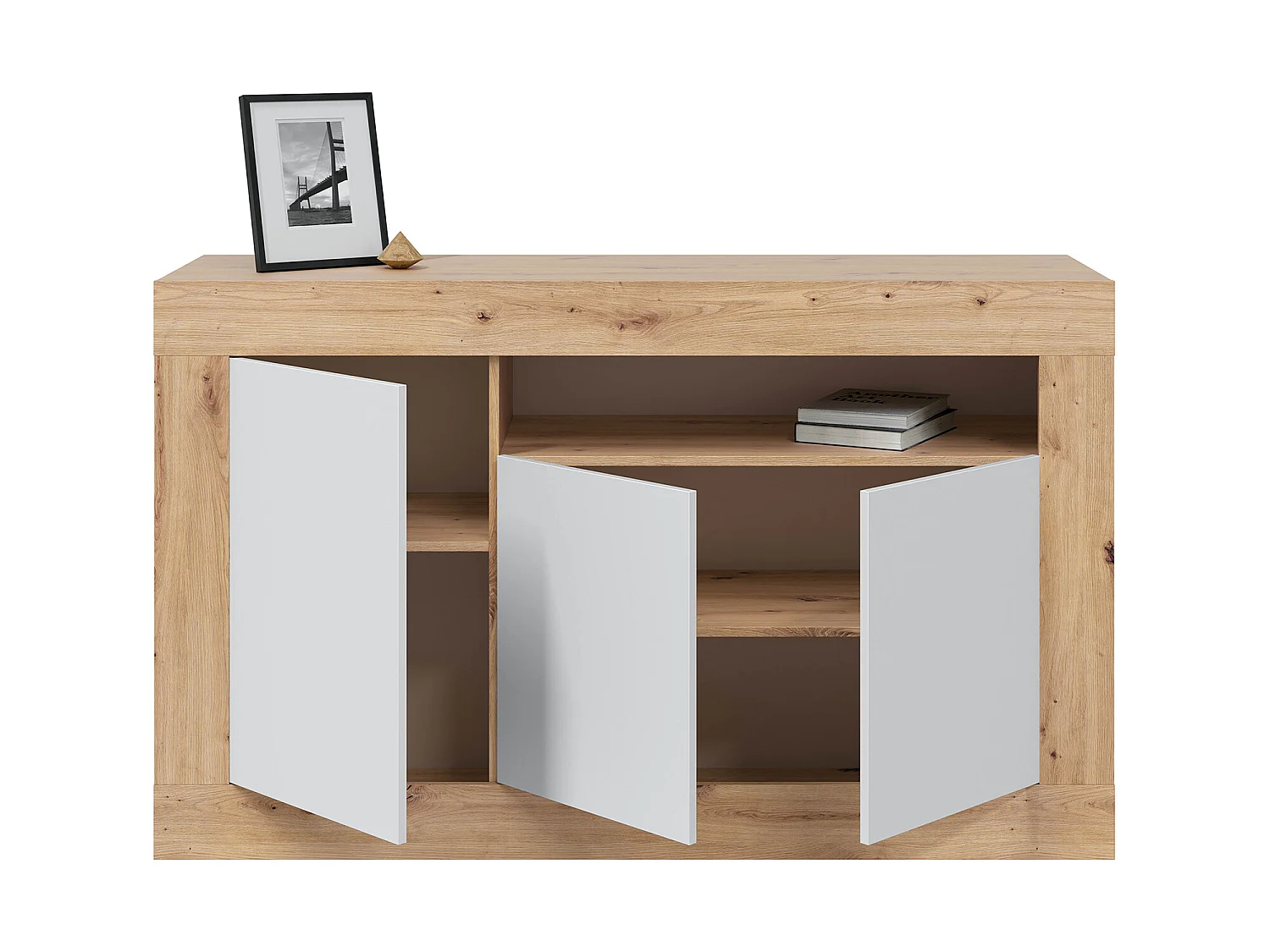 Buffet meuble de rangement en panneau de particules mélaminé coloris blanc mat et chêne - Hauteur 87 x Longueur 144 cm x Profondeur 42 cm