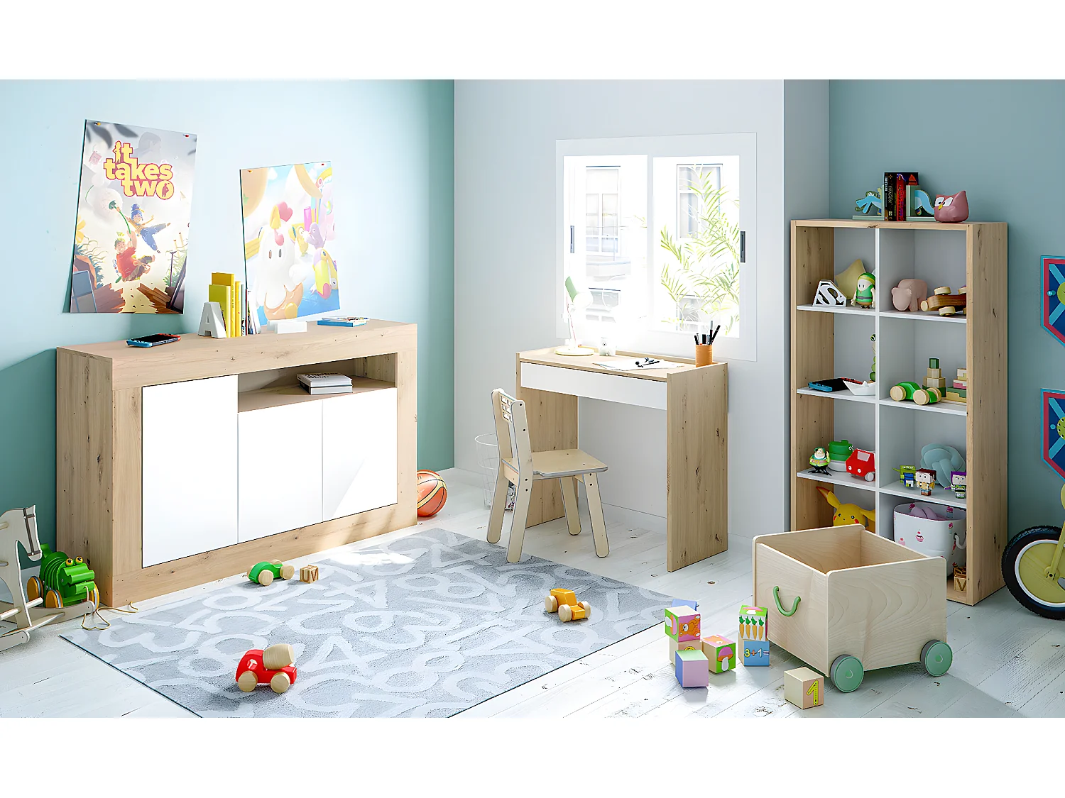 Buffet meuble de rangement en panneau de particules mélaminé coloris blanc mat et chêne - Hauteur 87 x Longueur 144 cm x Profondeur 42 cm