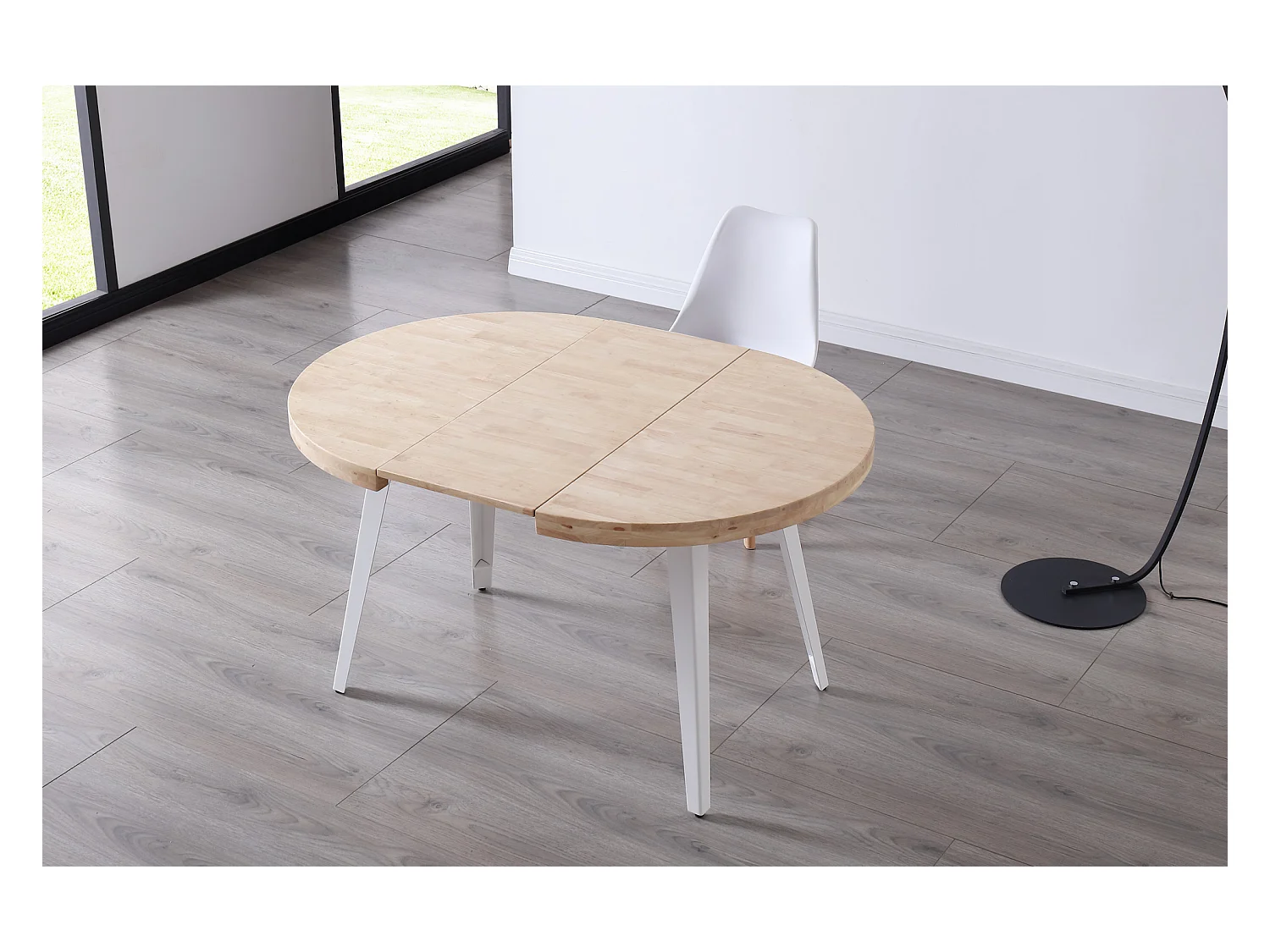 Table à manger ronde extensible en bois coloris chêne nordique pieds blanc - diamètre 100-180 x hauteur 76 cm
