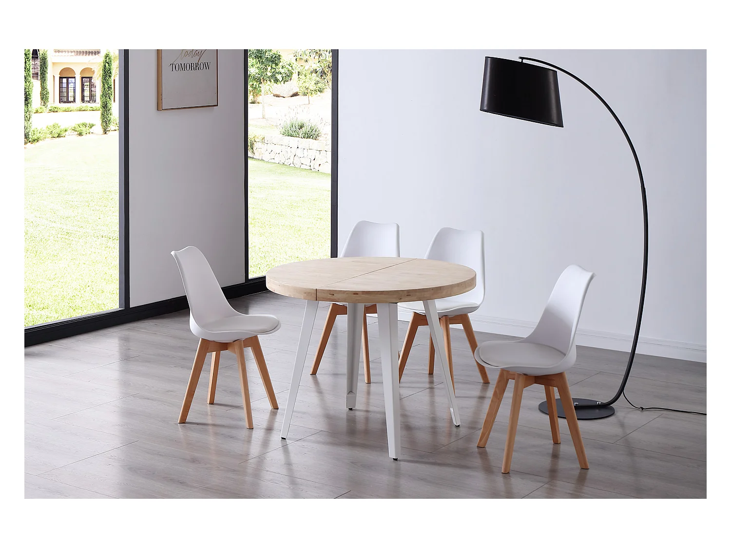 Table à manger ronde extensible en bois coloris chêne nordique pieds blanc - diamètre 100-180 x hauteur 76 cm