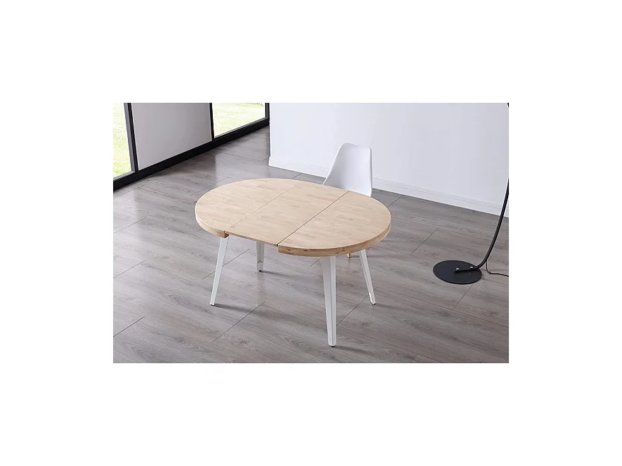Table à manger ronde extensible en bois coloris chêne nordique / pieds blanc - diamètre 100-180  x hauteur 76 cm