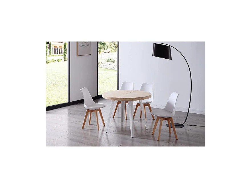 Table à manger ronde extensible en bois coloris chêne nordique / pieds blanc - diamètre 100-180  x hauteur 76 cm