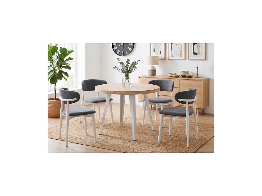 Table à manger ronde extensible en bois coloris chêne nordique / pieds blanc - diamètre 100-180  x hauteur 76 cm