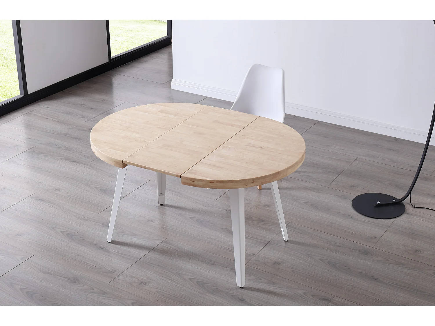 Table à manger ronde extensible en bois coloris chêne nordique pieds blanc - diamètre 100-180 x hauteur 76 cm
